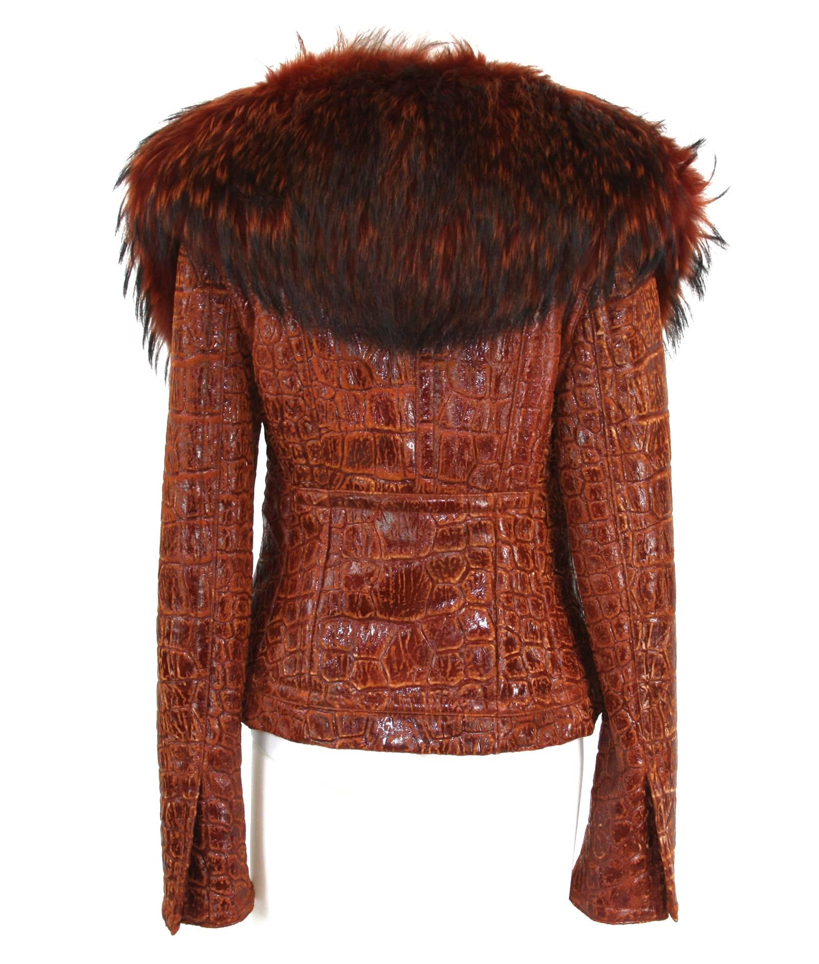 Veste en fourrure d'agneau de mouton cognac embossé au croco Gianfranco Ferre 1993, Neuf et emblématique Pour femmes en vente