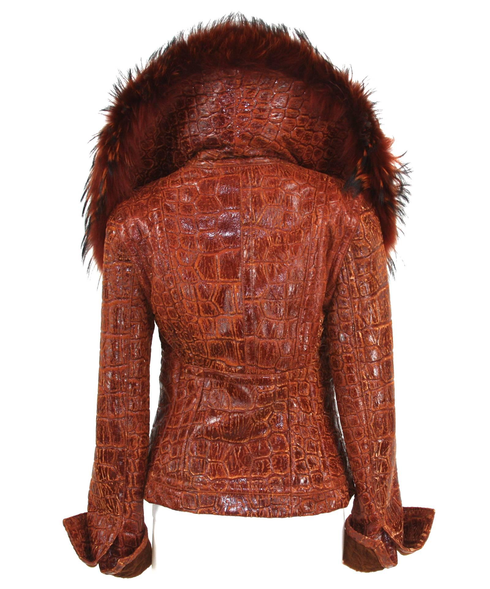 Brown New Iconic Gianfranco Ferre 1993 Croc Embossed Shearling Lamb Cognac Fur Jacket For Sale