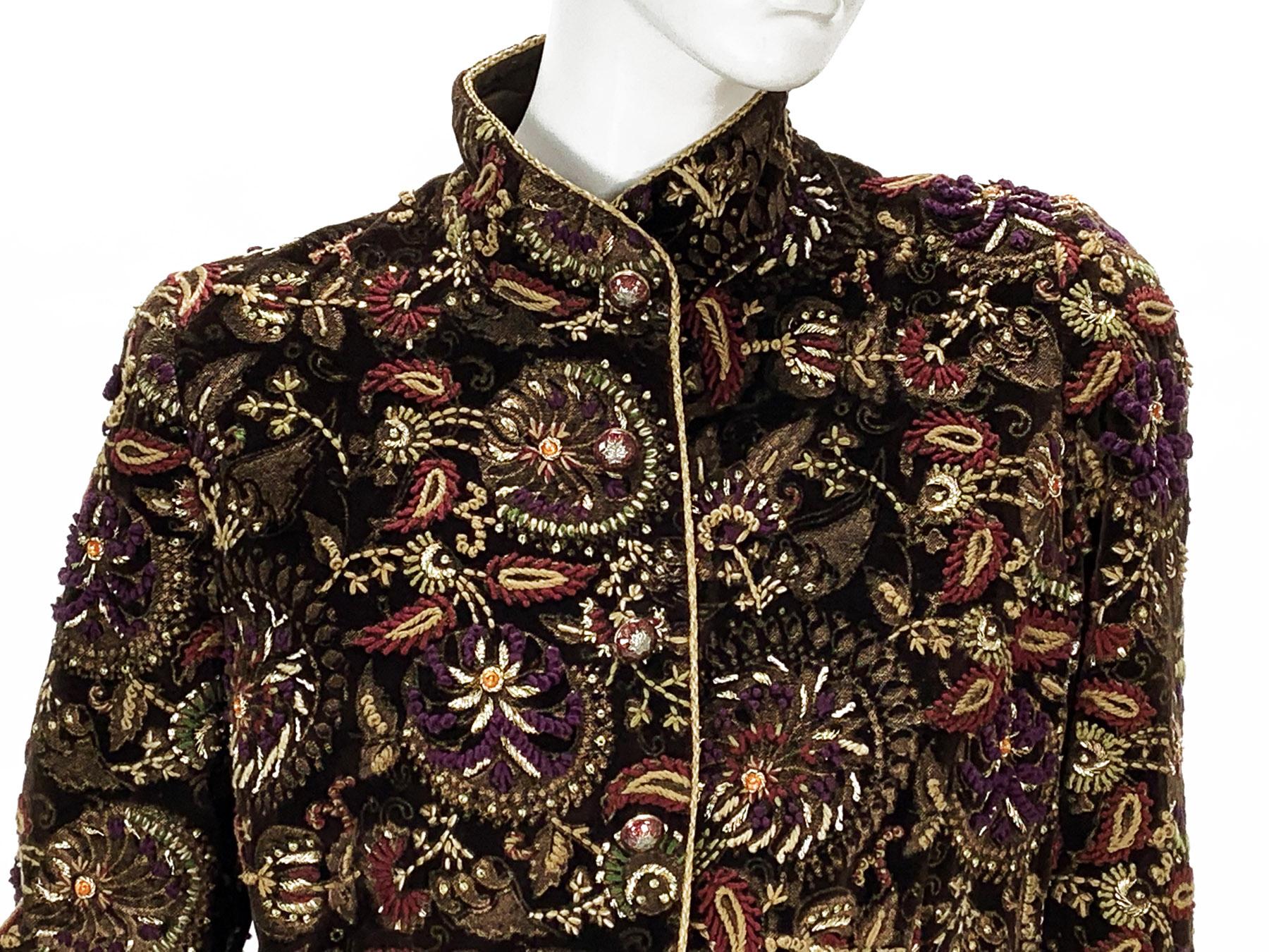 Manteau Oscar De La Renta F/W 2003 couleur chocolat foncé richement orné US 12 en vente 4