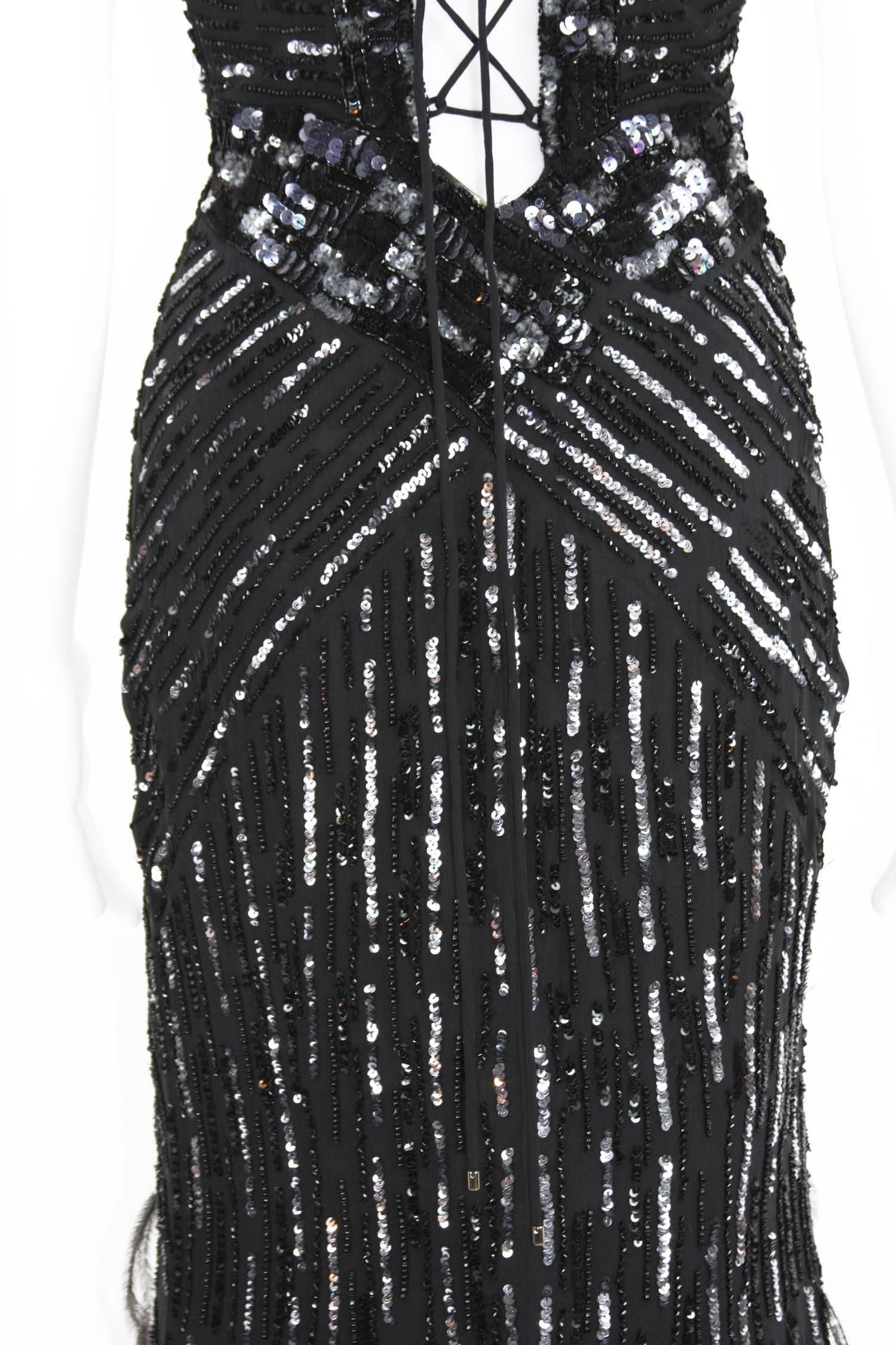 NWT Roberto Cavalli Feather Beads Embellished Silk-Chiffon Open Back Gown 40 In New Condition For Sale In Montgomery, TX