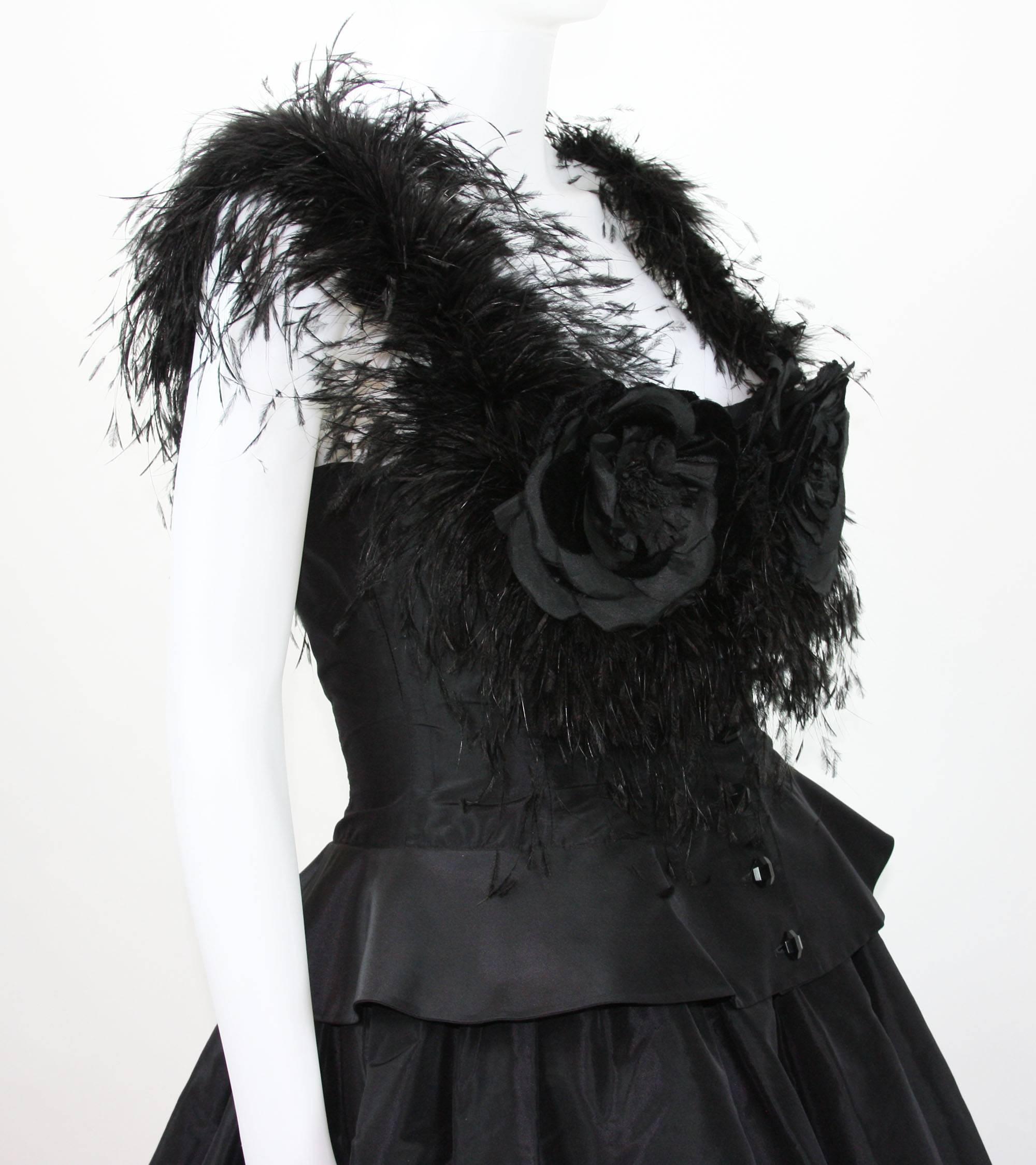 Valentino Boutique 80's Silk Taffeta Feathers Black Gown In Excellent Condition In Montgomery, TX