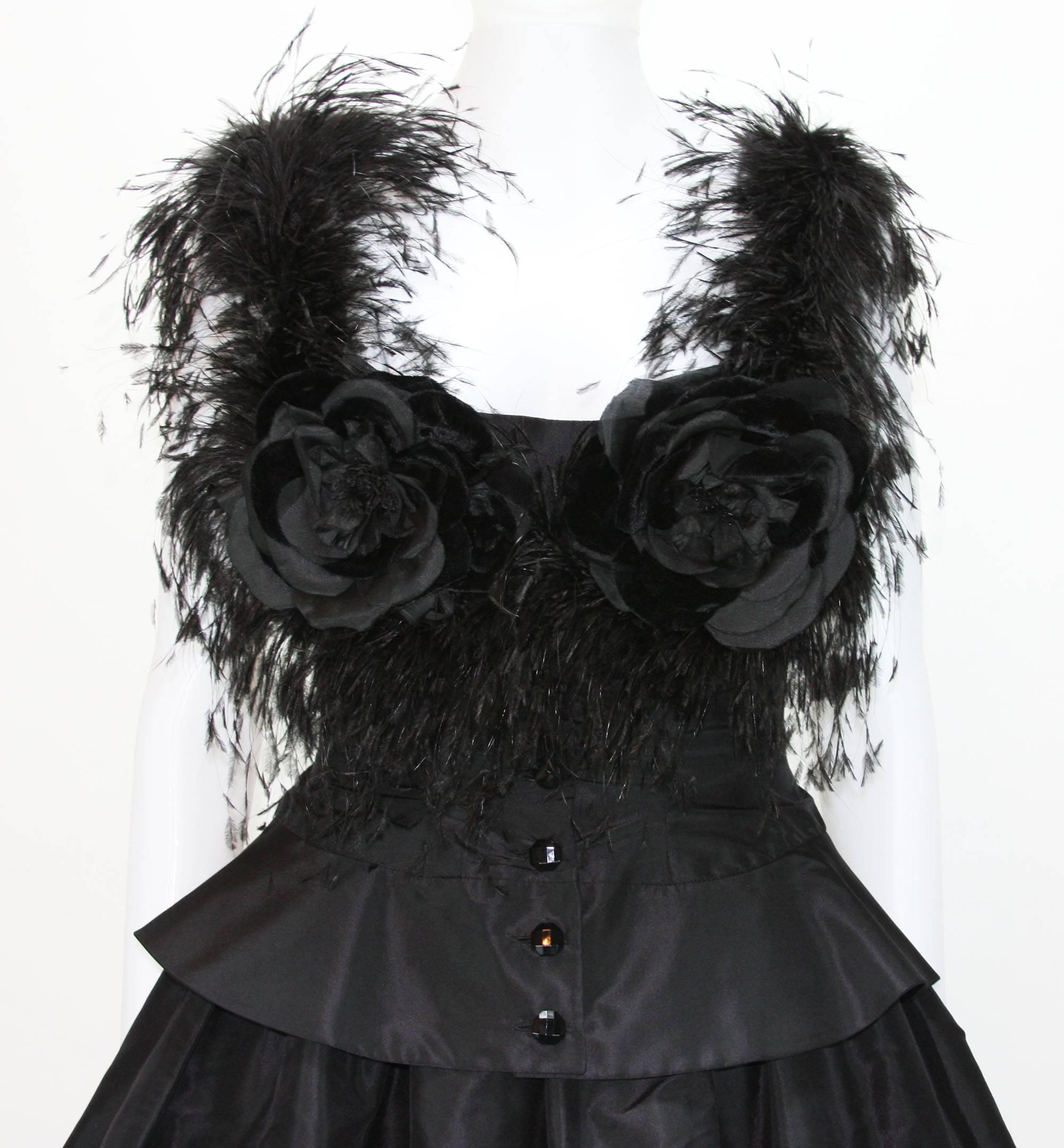 Women's Valentino Boutique 80's Silk Taffeta Feathers Black Gown