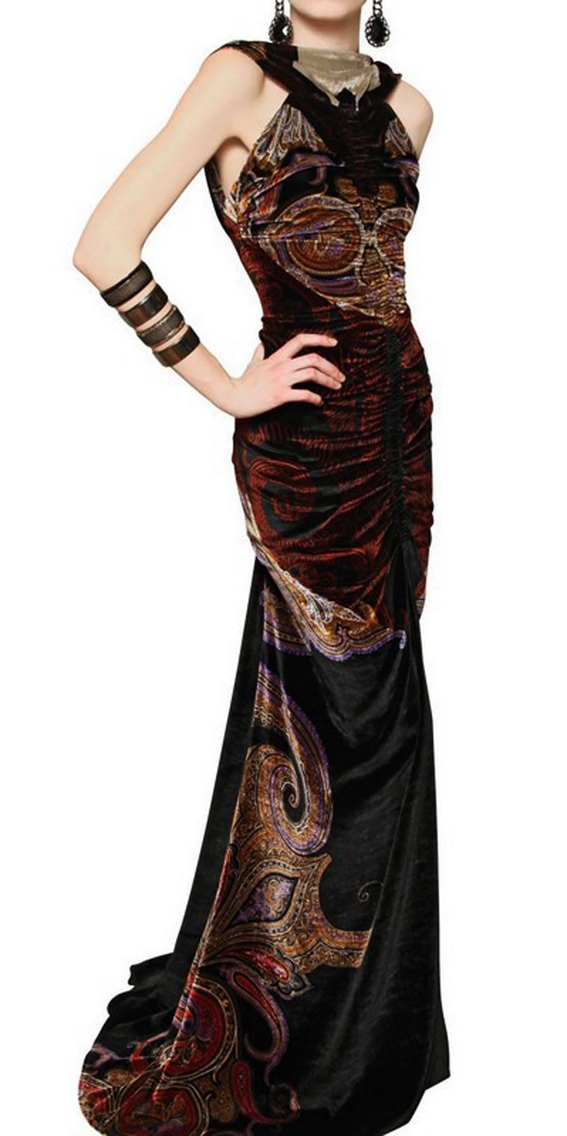 New Etro Runway Red Carpet Velvet Print Dress Gown Italian 40 - US 4 For Sale 2