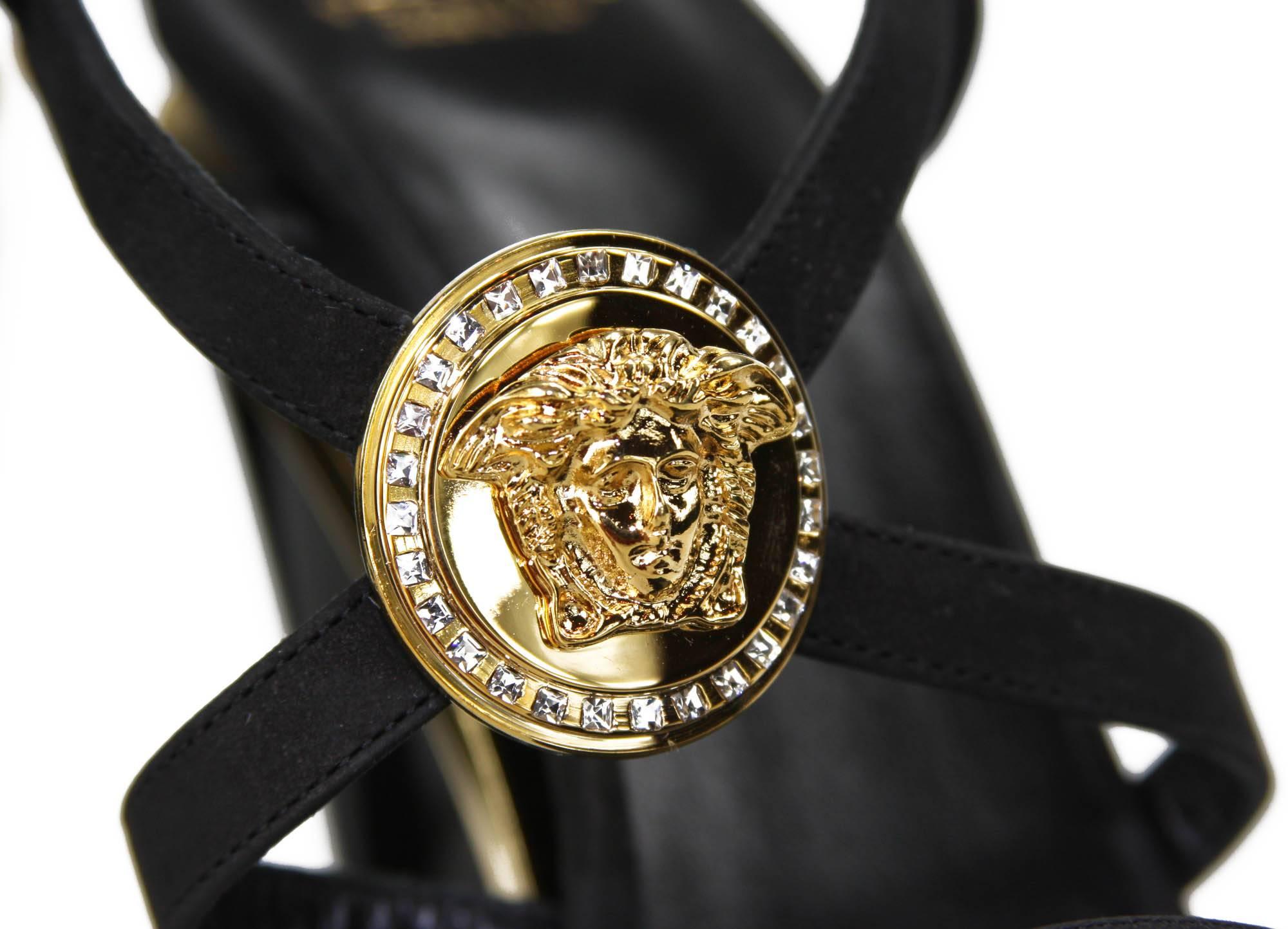 New Versace Gold Black Triple Platform Swarovski Crystals Medusa Shoes Sandals In New Condition In Montgomery, TX