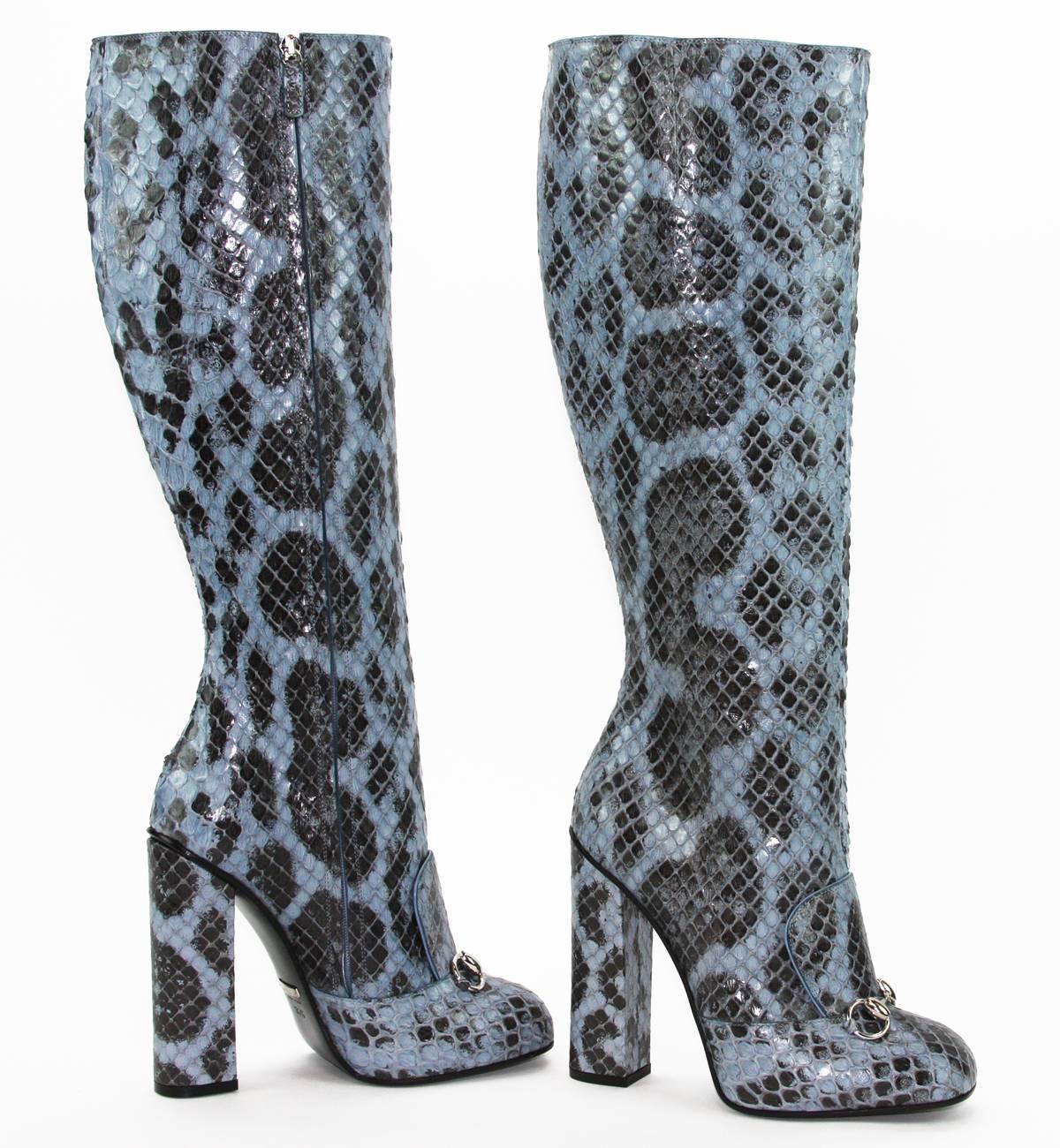 Gray NEW GUCCI Campaign $3500 Python Horsebit Knee High Boot Aquamarine 39.5 - US 10