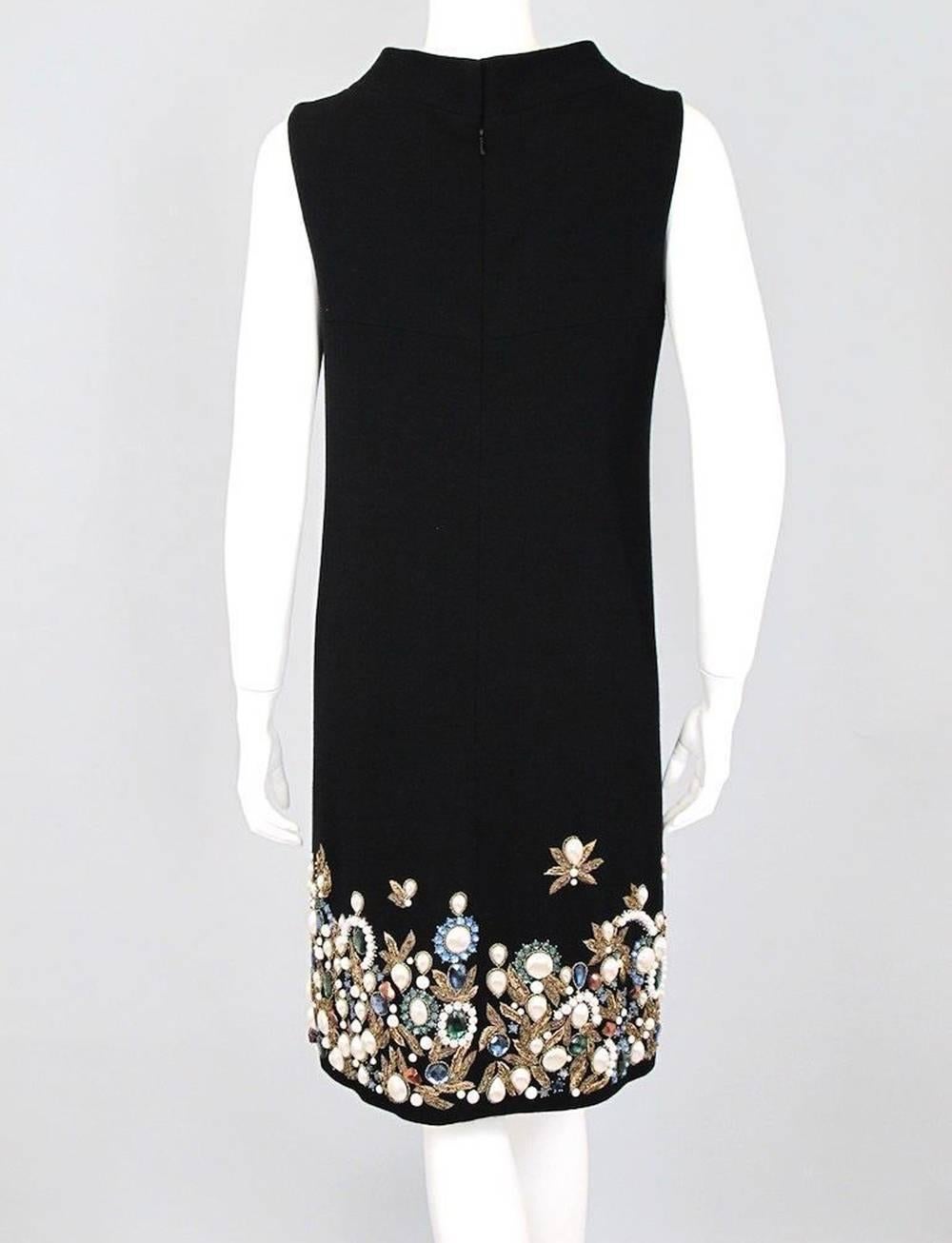Women's Oscar De La Renta Black Wool Cocktail Dress with Gem Embroidery US 6 For Sale