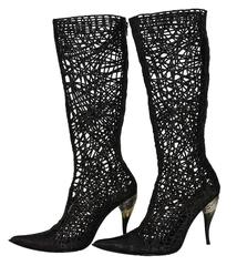 New GIANNI BARBATO Braided Leather Cage Horn Heel Black Boots It. 39 - US 9