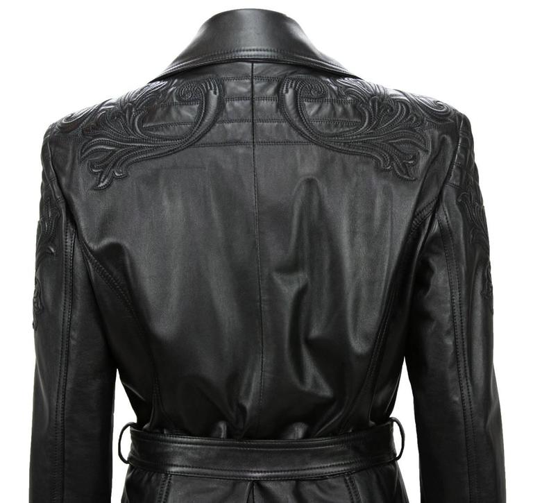 New Versace 7725 Quilted Black Soft Leather Women's Trench Coat with