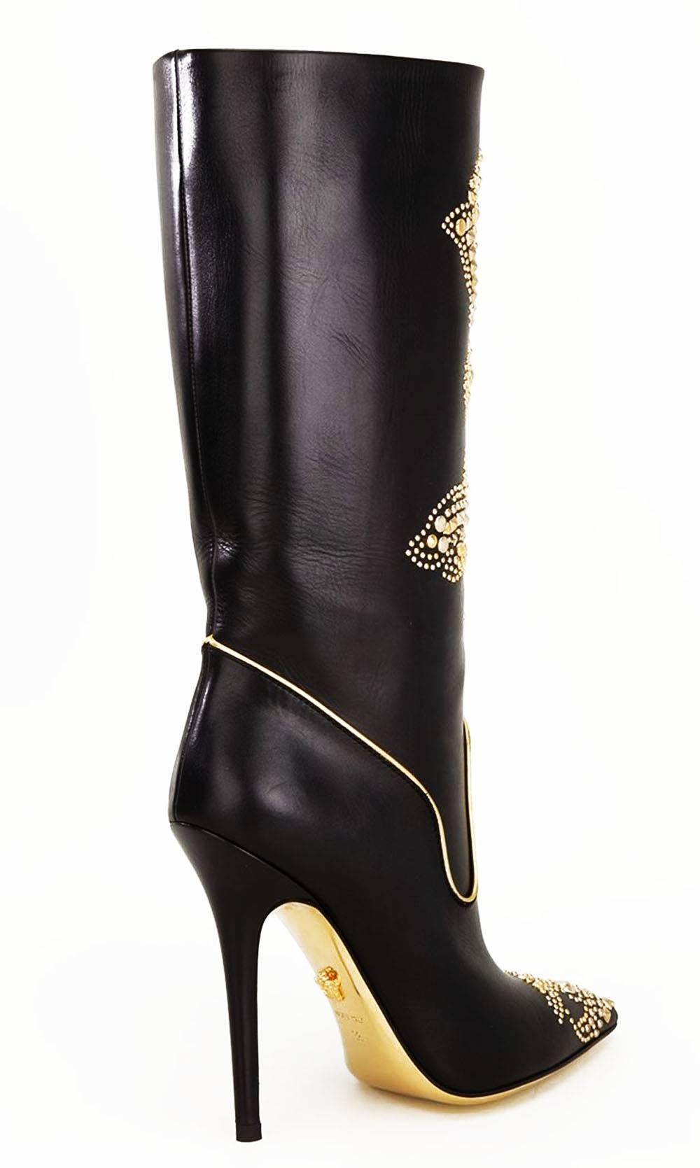 Women's New VERSACE Gold Studded Stiletto Heel Black Boots It 41 - US 11