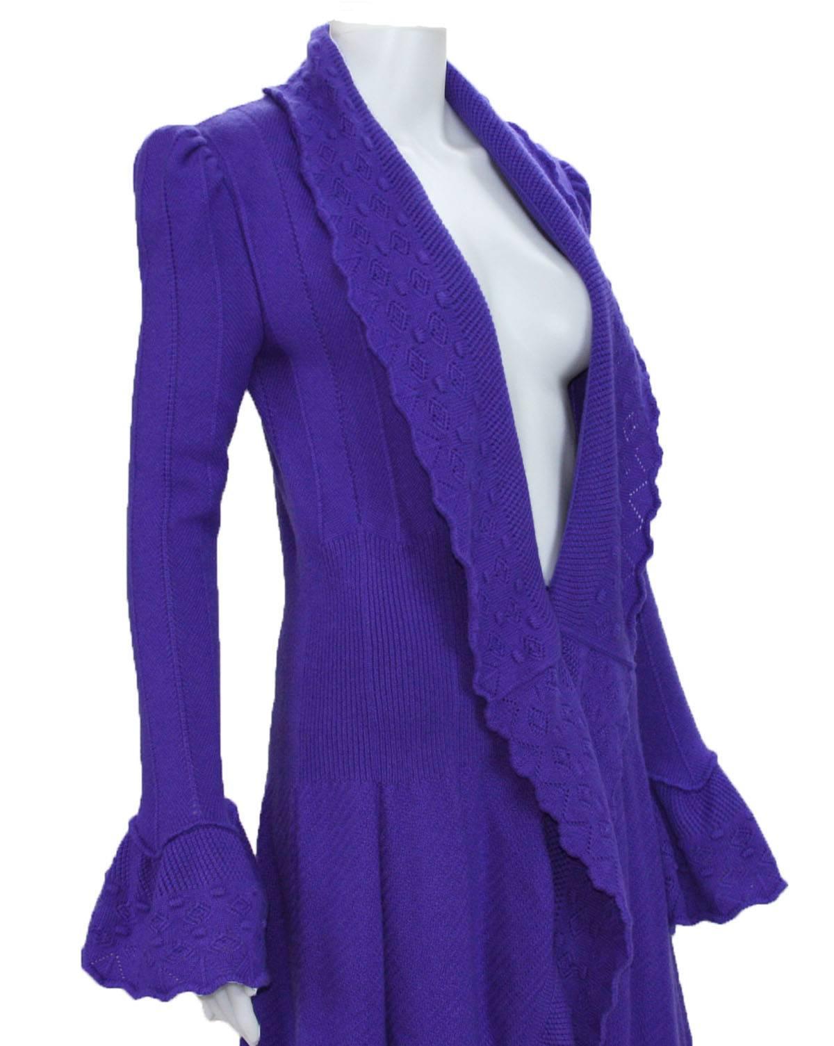 Women's New $3090 Oscar de la Renta 100% Cashmere Ruffled Purple Long Cardigan Coat