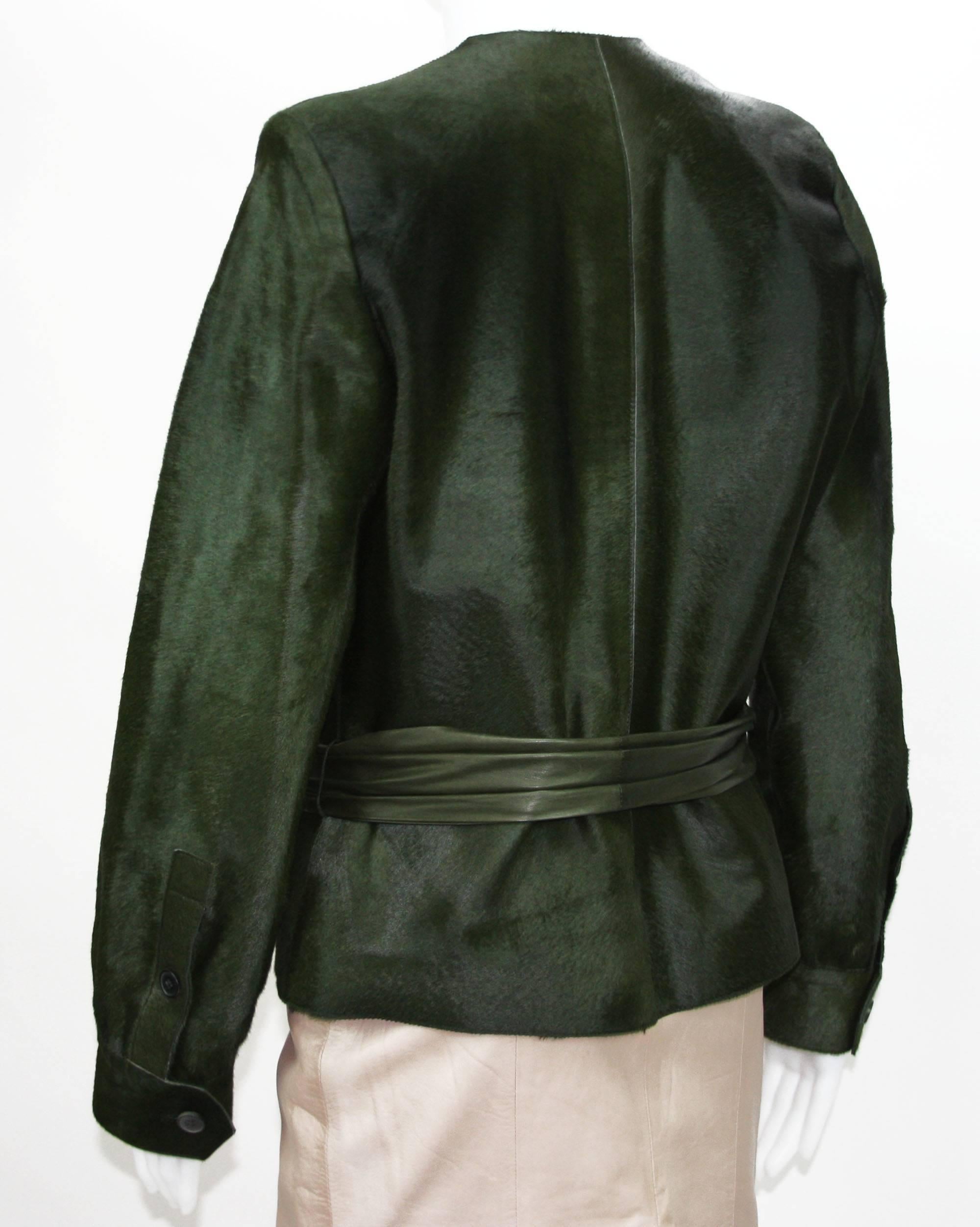 New Yves Saint Laurent Calf Hair Green Leather Jacket with Belt  In New Condition For Sale In Montgomery, TX