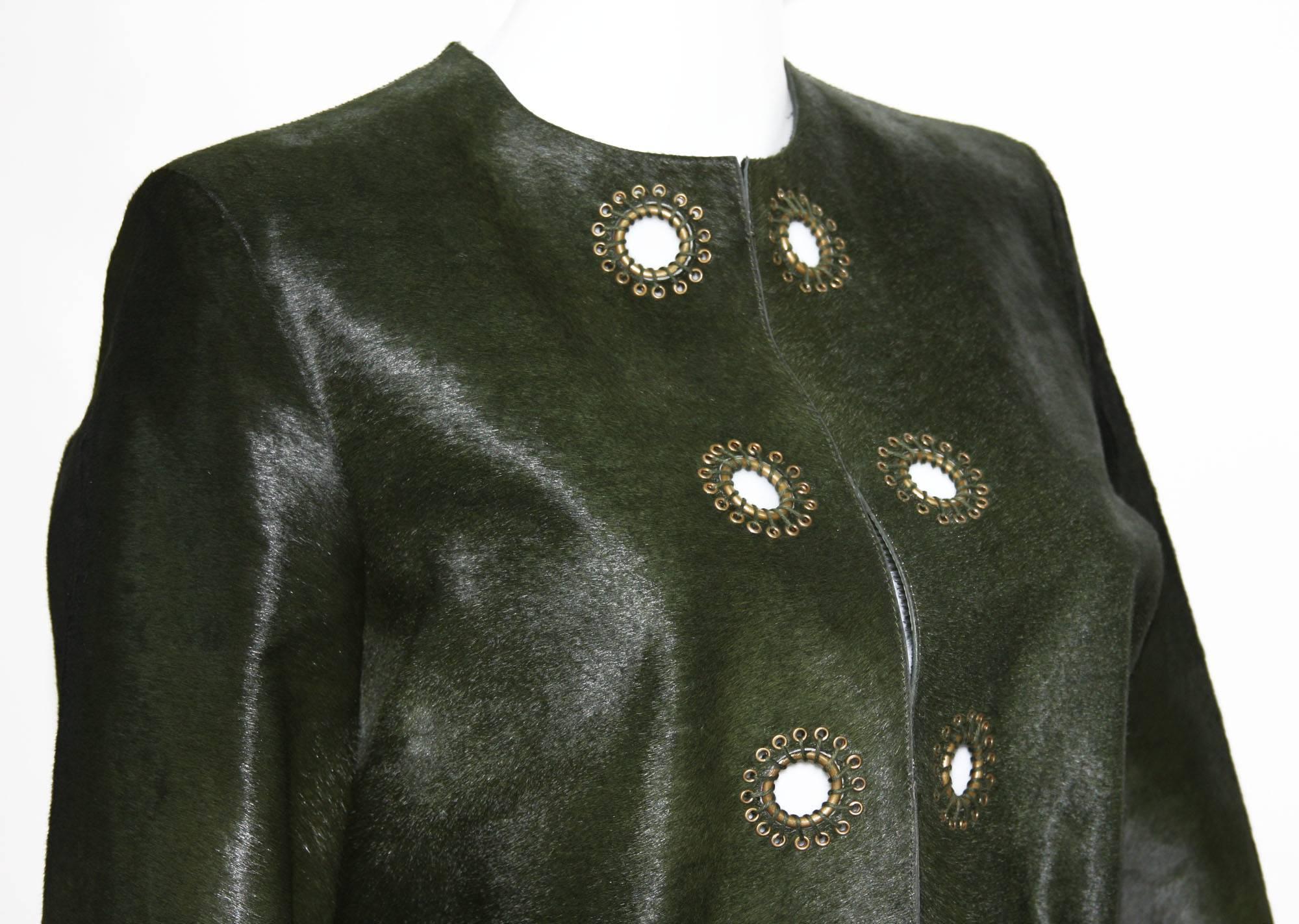 Women's New Yves Saint Laurent Calf Hair Green Leather Jacket with Belt  For Sale