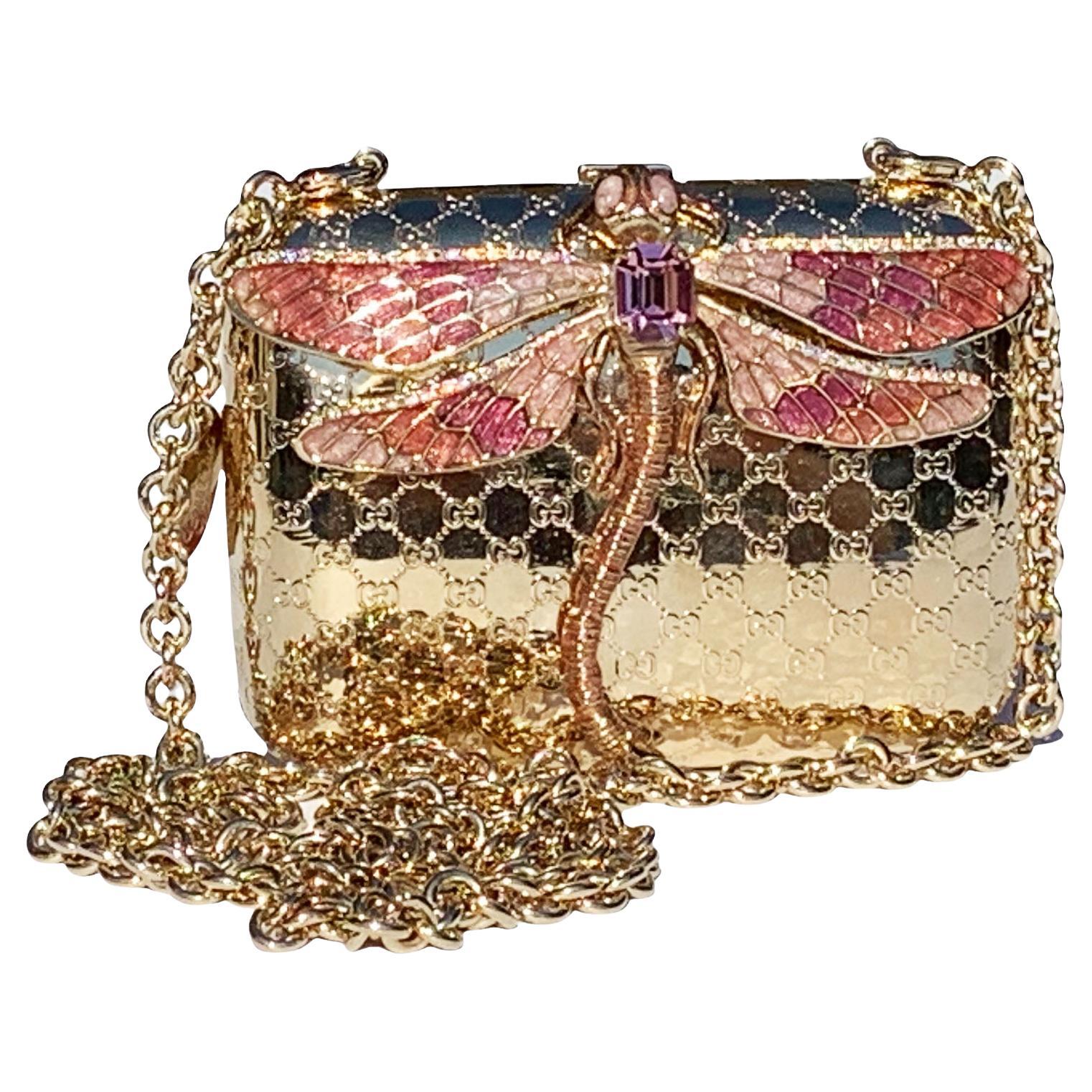 Tom Ford pour Gucci, pochette minaudière libellule en métal doré et émail MicroGuccissima en vente