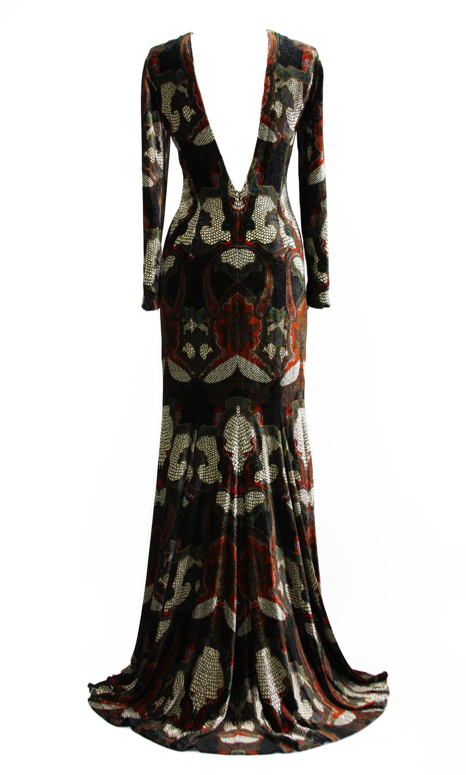 Black New ETRO Runway Multi Color Velvet Open Back Evening Dress Gown  44 - US 10