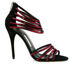 New BALMAIN Red Rhinestones Ankle Shoe Sandals Black Glitter Suede It 38.5 US 8.