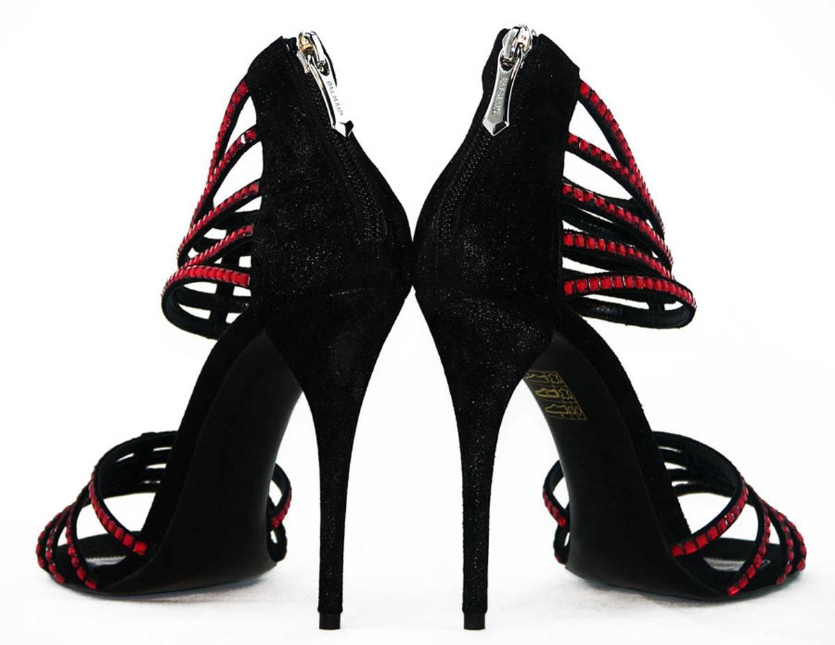 Noir BALMAIN - Sandales à talons de cheville en daim noir pailleté avec strass, neuves, taille IT 38,5 US 8 en vente