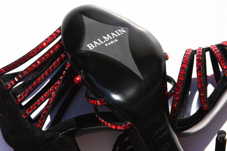 New BALMAIN Red Rhinestones Ankle Shoe Sandals Black Glitter Suede It ...