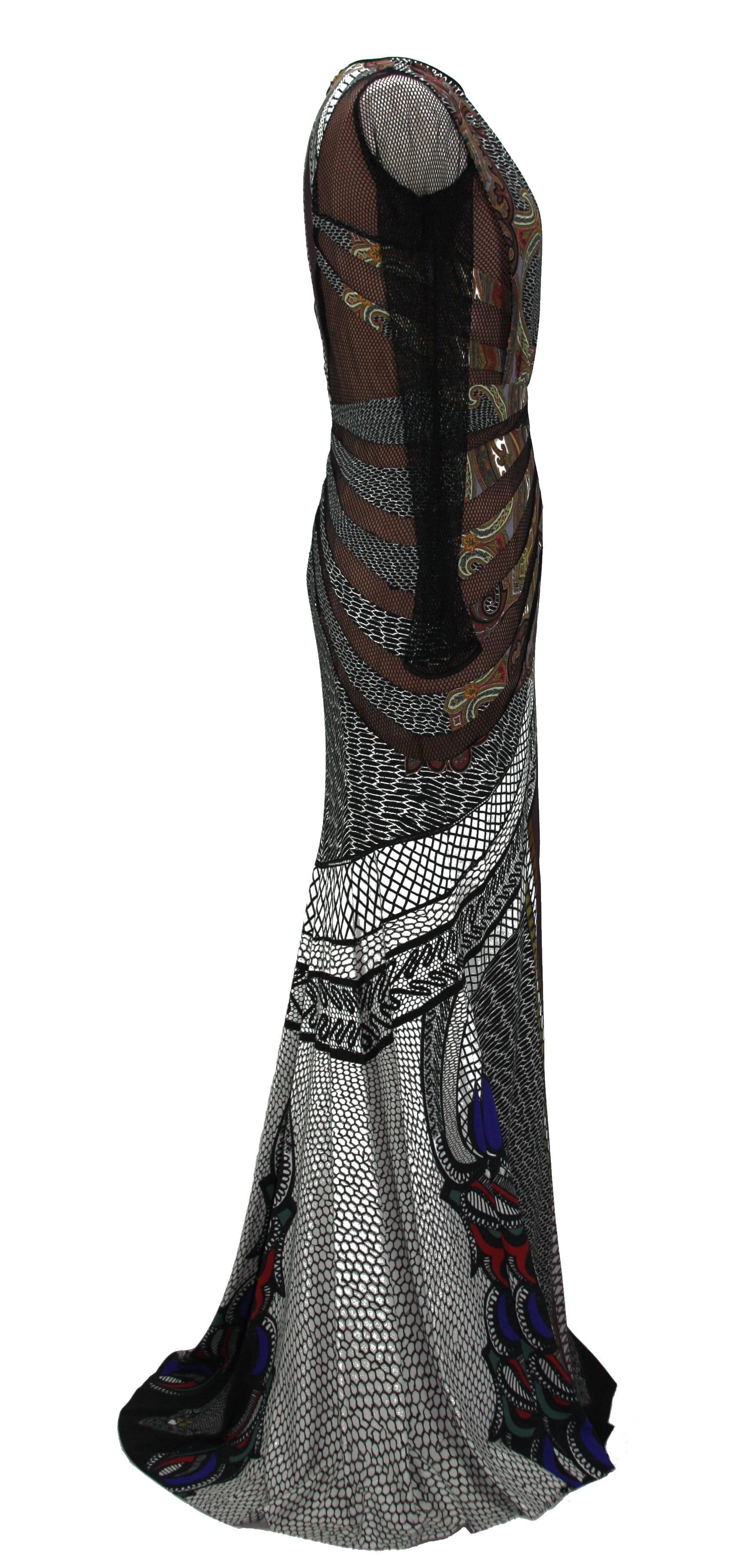 Black New $5780 ETRO Runway Printed Stretch Dress Gown with Mesh Details It 42 - US 6