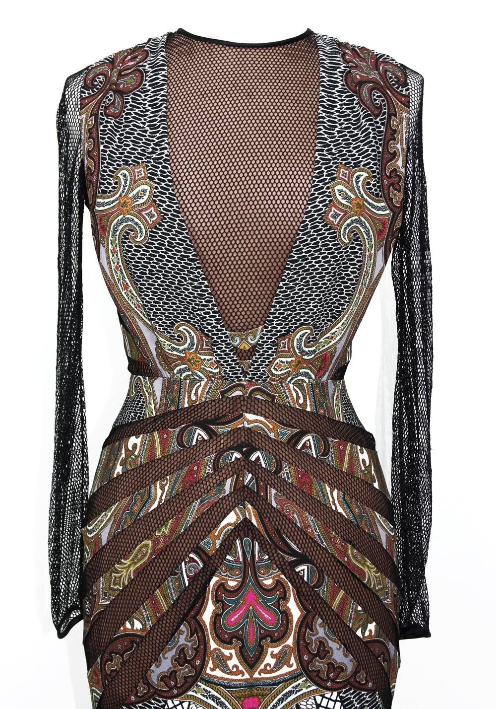New $5780 ETRO Runway Printed Stretch Dress Gown with Mesh Details It 42 - US 6 In New Condition In Montgomery, TX