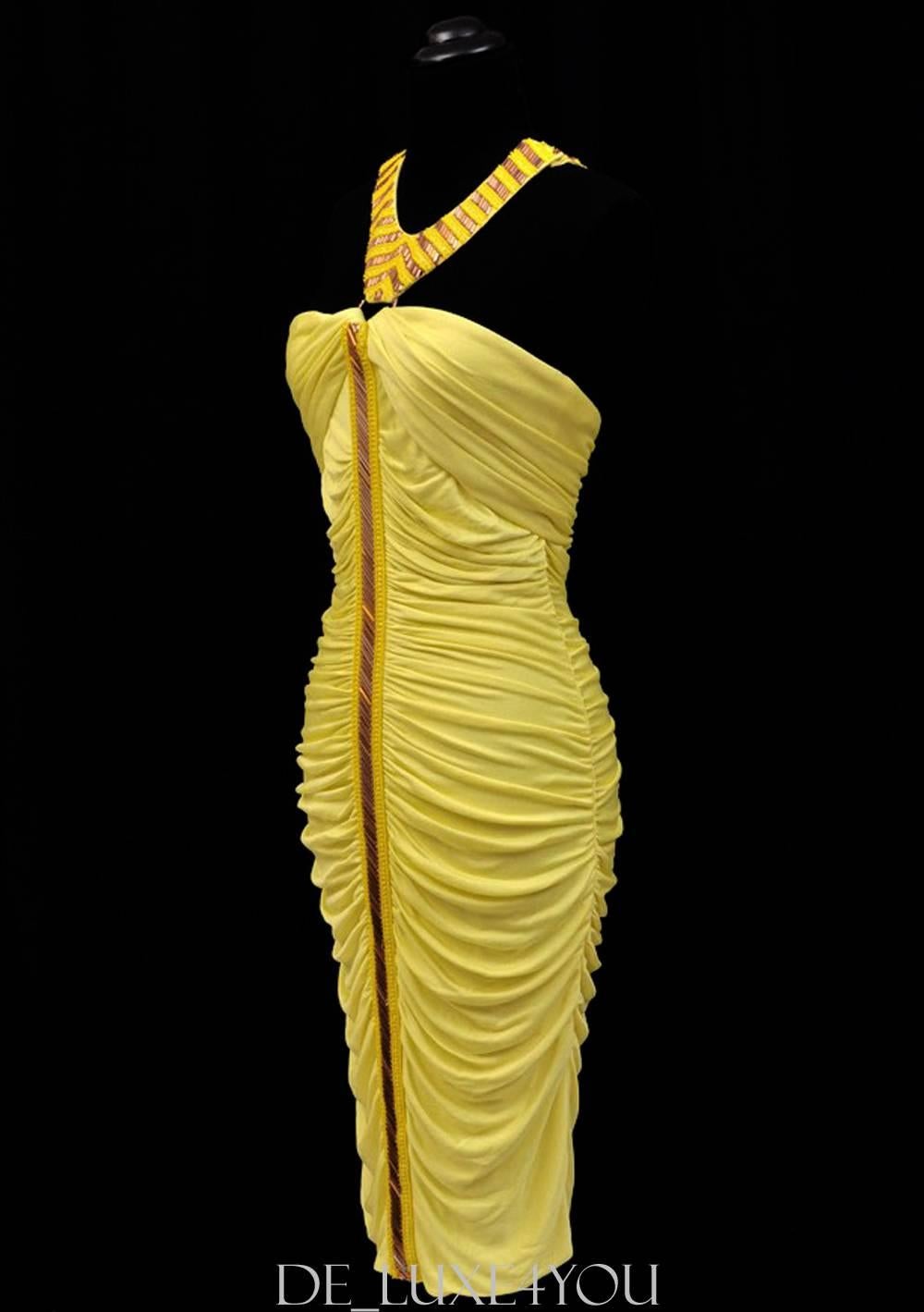 New VERSACE Beaded Cocktail Stretch Yellow Ruched Dress 44 - US 8 In New Condition For Sale In Montgomery, TX