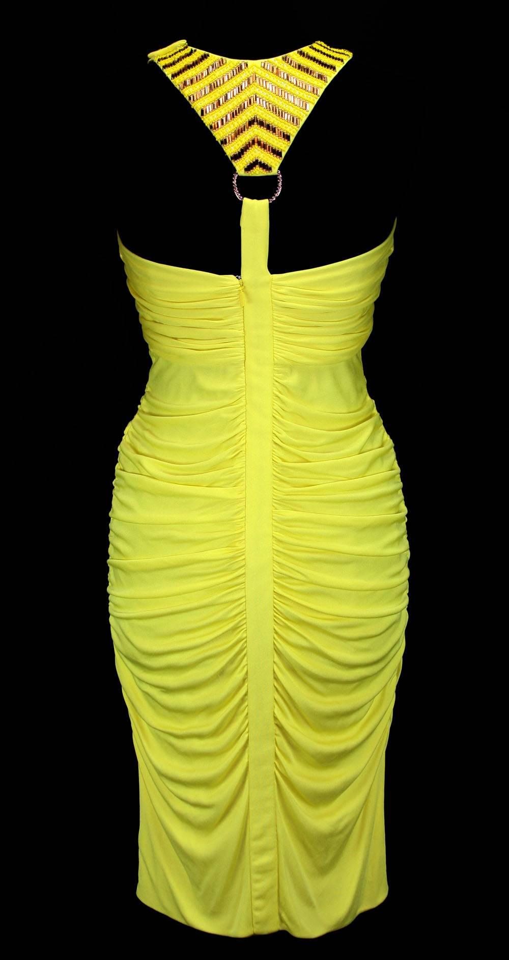 Women's New VERSACE Beaded Cocktail Stretch Yellow Ruched Dress 44 - US 8 For Sale