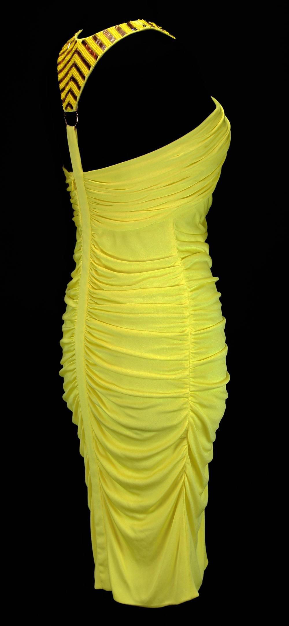 New VERSACE Beaded Cocktail Stretch Yellow Ruched Dress 44 - US 8 For Sale 2
