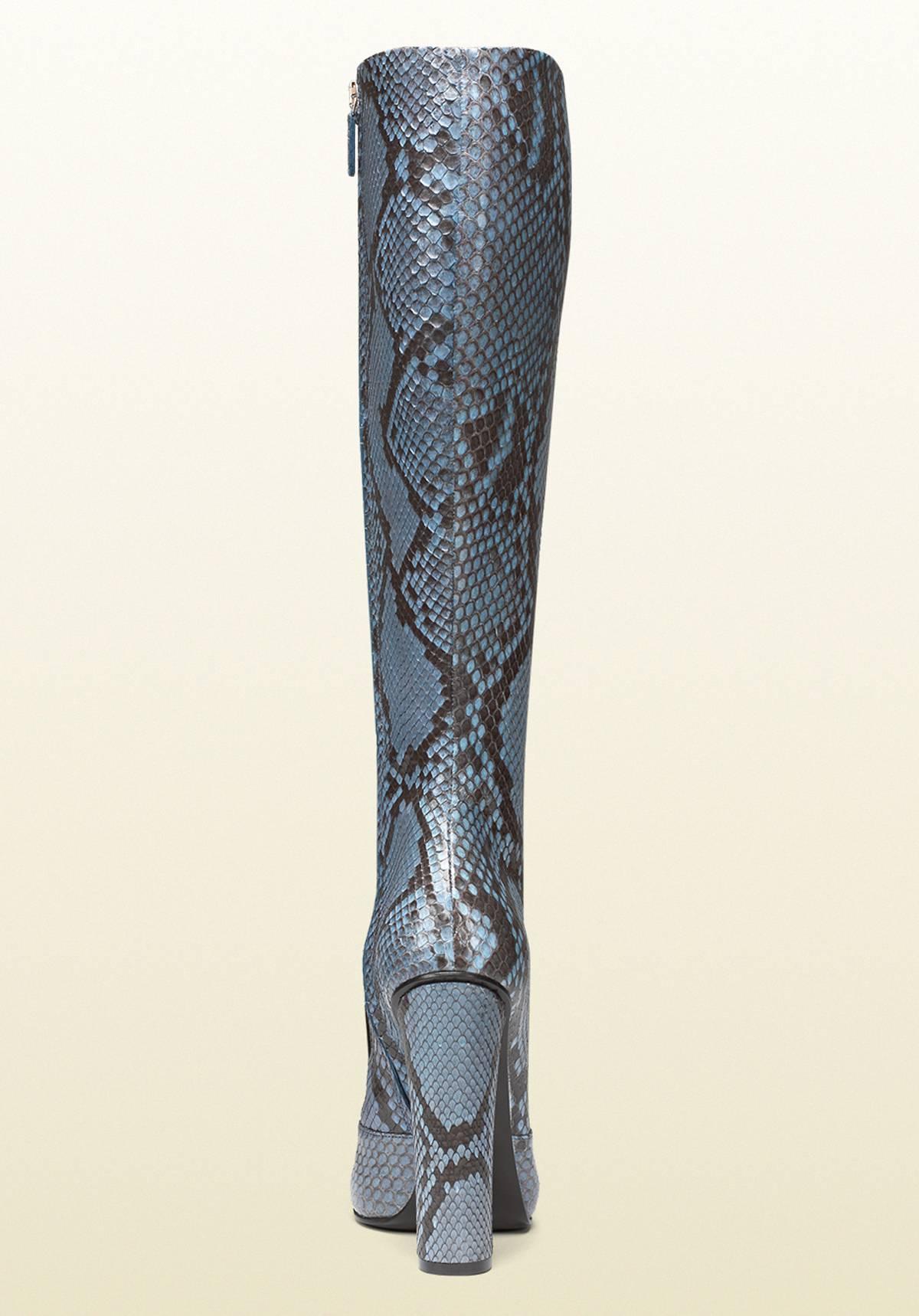 Gray New GUCCI Campaign $3500 PYTHON Horsebit Knee High Boot Aquamarine It 37  US 7.5 For Sale