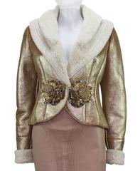 New VALENTINO Metallic Gold Shearling Lambskin Leather Embellished Jacket size 6