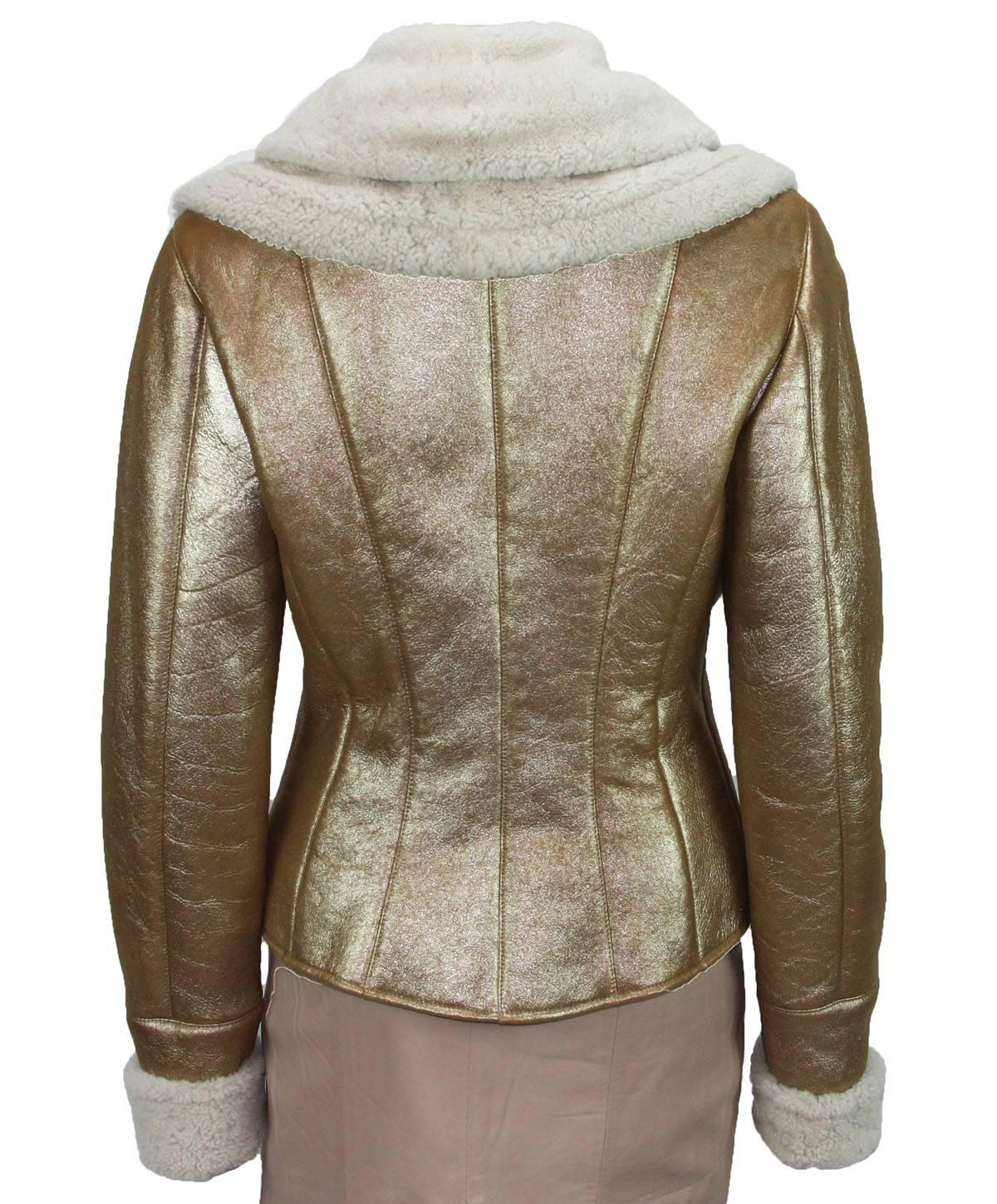 Brown New VALENTINO Metallic Gold Shearling Lambskin Leather Embellished Jacket size 6