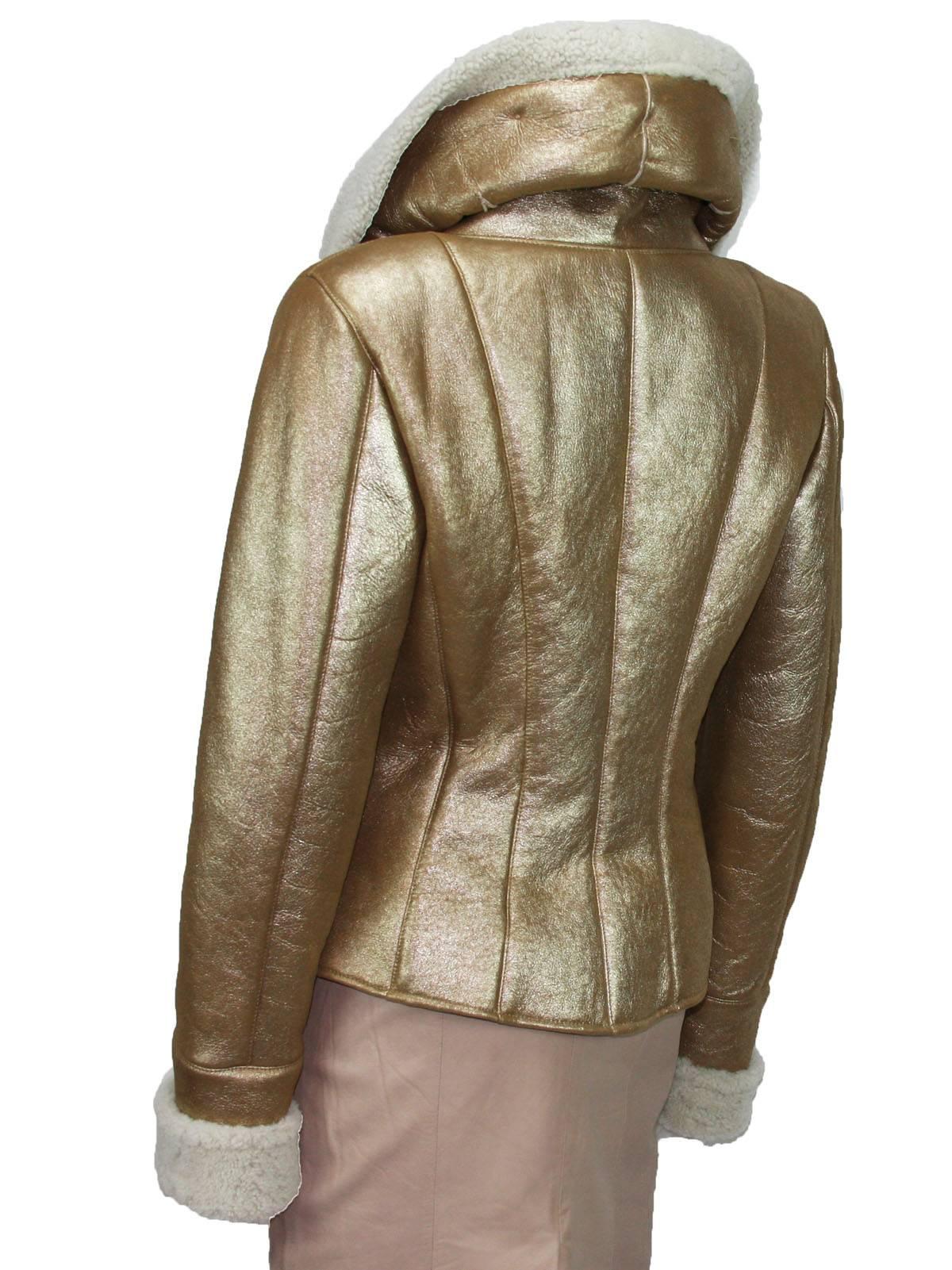 Women's New VALENTINO Metallic Gold Shearling Lambskin Leather Embellished Jacket size 6