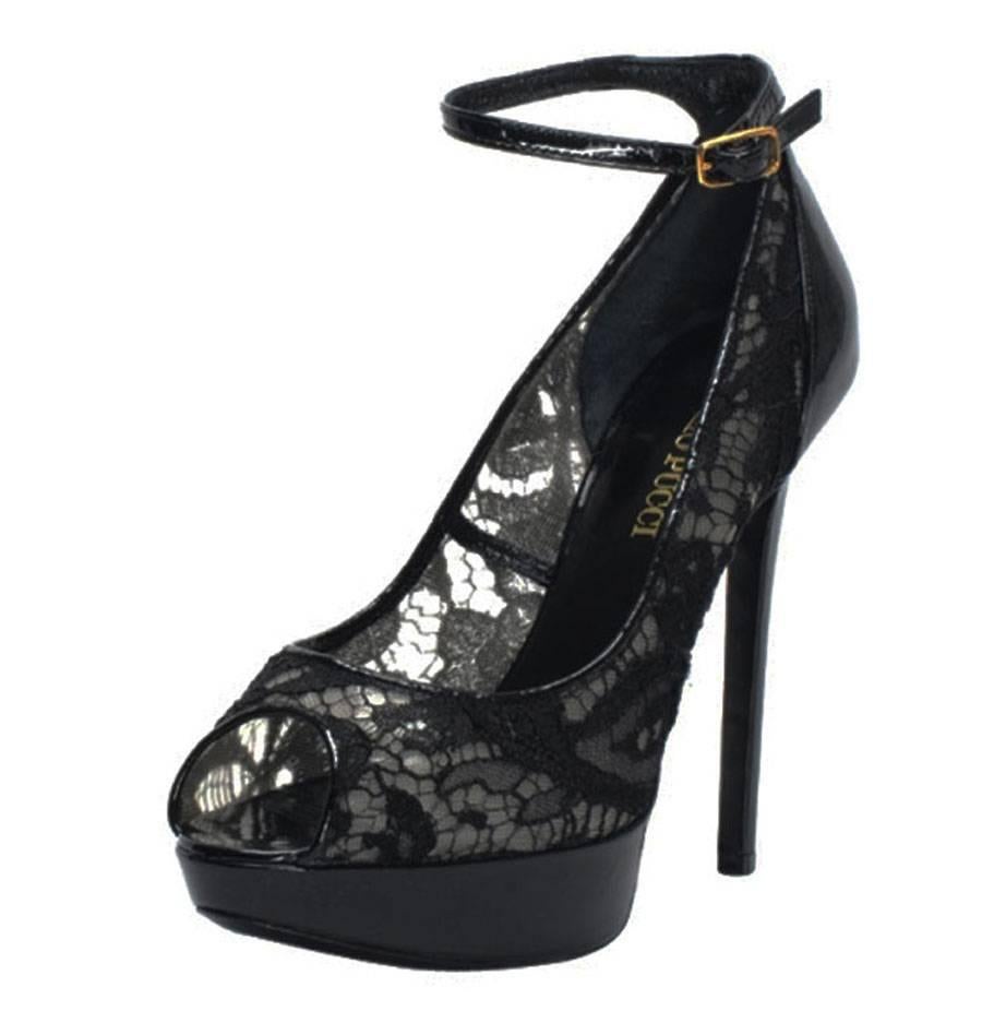 New EMILIO PUCCI Platform Pumps with Open Toe
Italian Size 38 - US 8
Color - Black
Lace, Patent Leather 
Buckling Ankle Strap Closure
Platform - 1.2 inches
Heel Height - 5 inches
Leather Sole and  Insole
Made in Italy
New with Box.