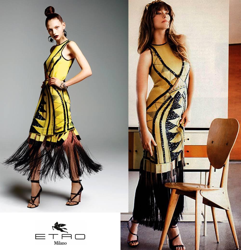 New ETRO Deco-Inspired Hand-Embellished Silk Fringe Dress
Italian Size 46 - US 10
Colors – Yellow/Green, Black
100% Silk-Georgette
Deco-Inspired Black Crystals and Multicolored Bead Embellishment
Mint Silk-Crepe Fringed Underlay
Long Black/Brown
