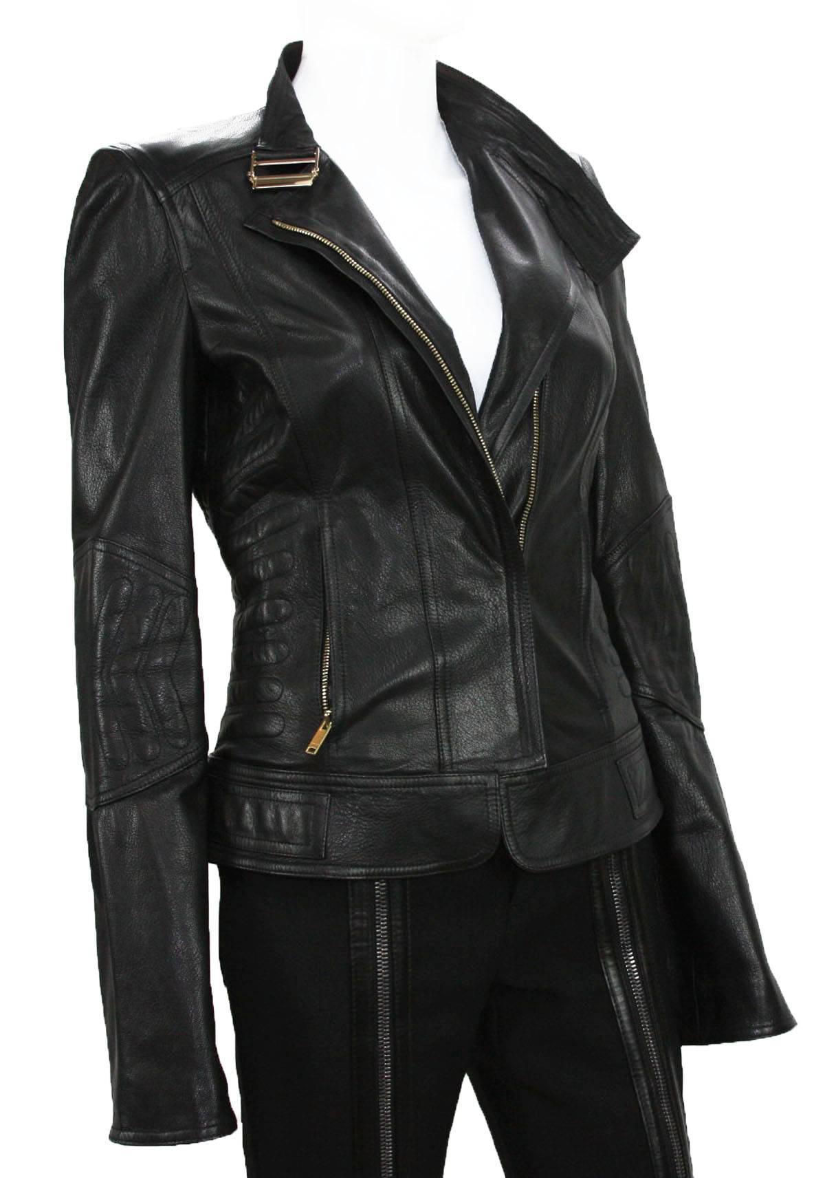 New TOM FORD for GUCCI 2004 Collection Leather Chevron Black Jacket It 40 - US 4 In New Condition In Montgomery, TX