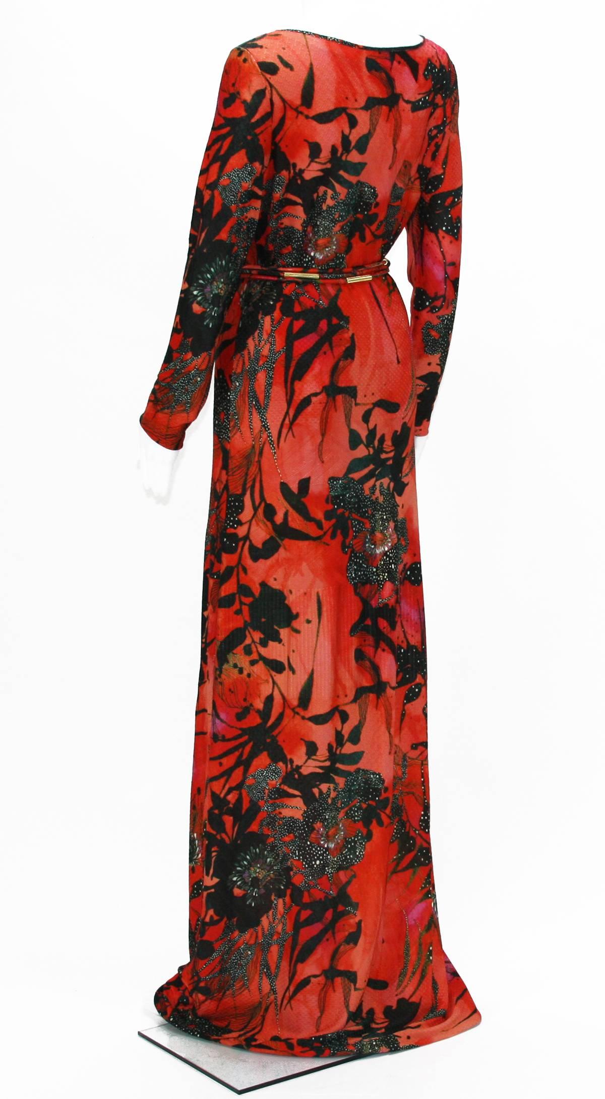 New ETRO Jersey Red Black Floral Print Long Dress with Belt IT.42 - US 6 In New Condition In Montgomery, TX