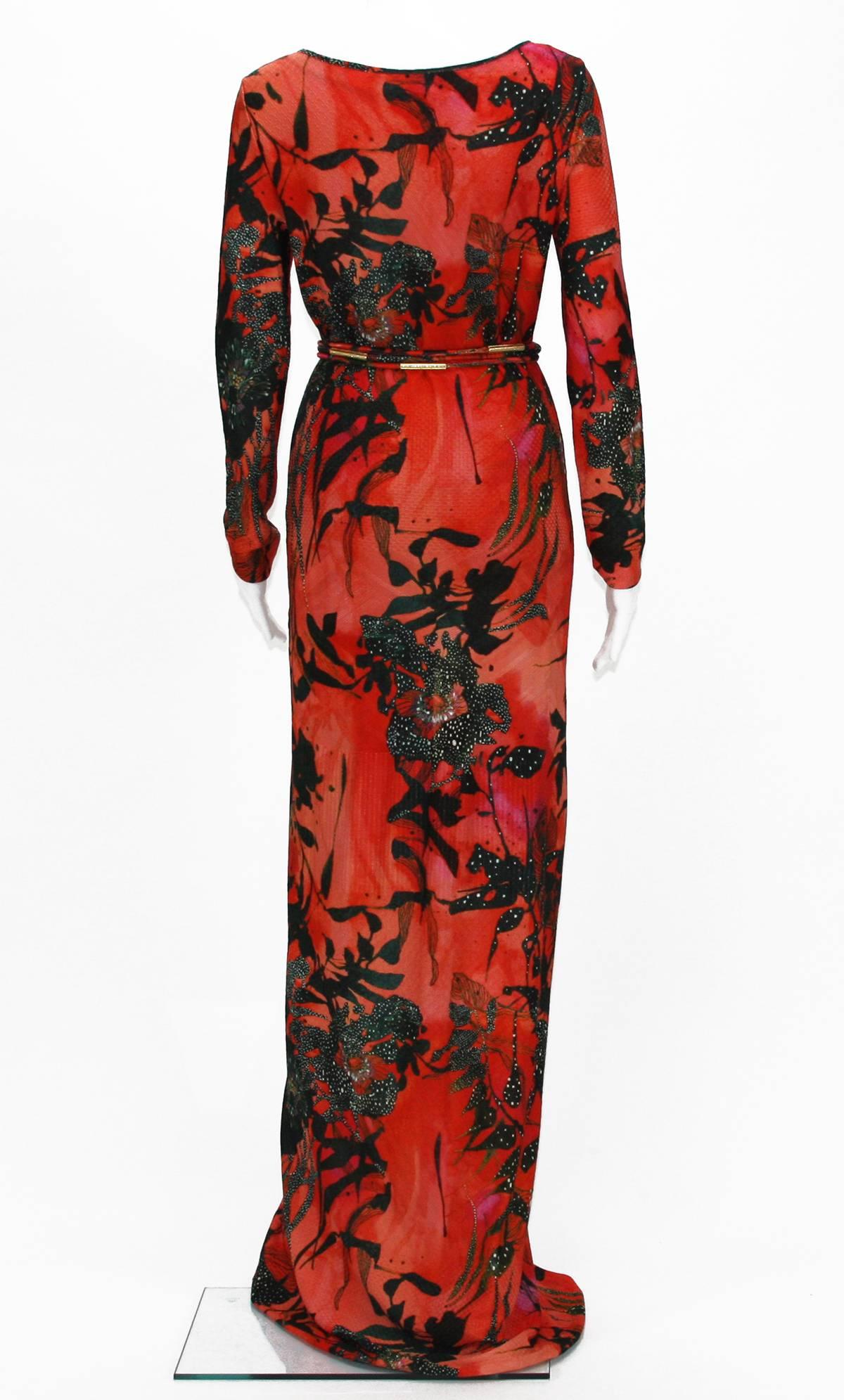 Women's New ETRO Jersey Red Black Floral Print Long Dress with Belt IT.42 - US 6