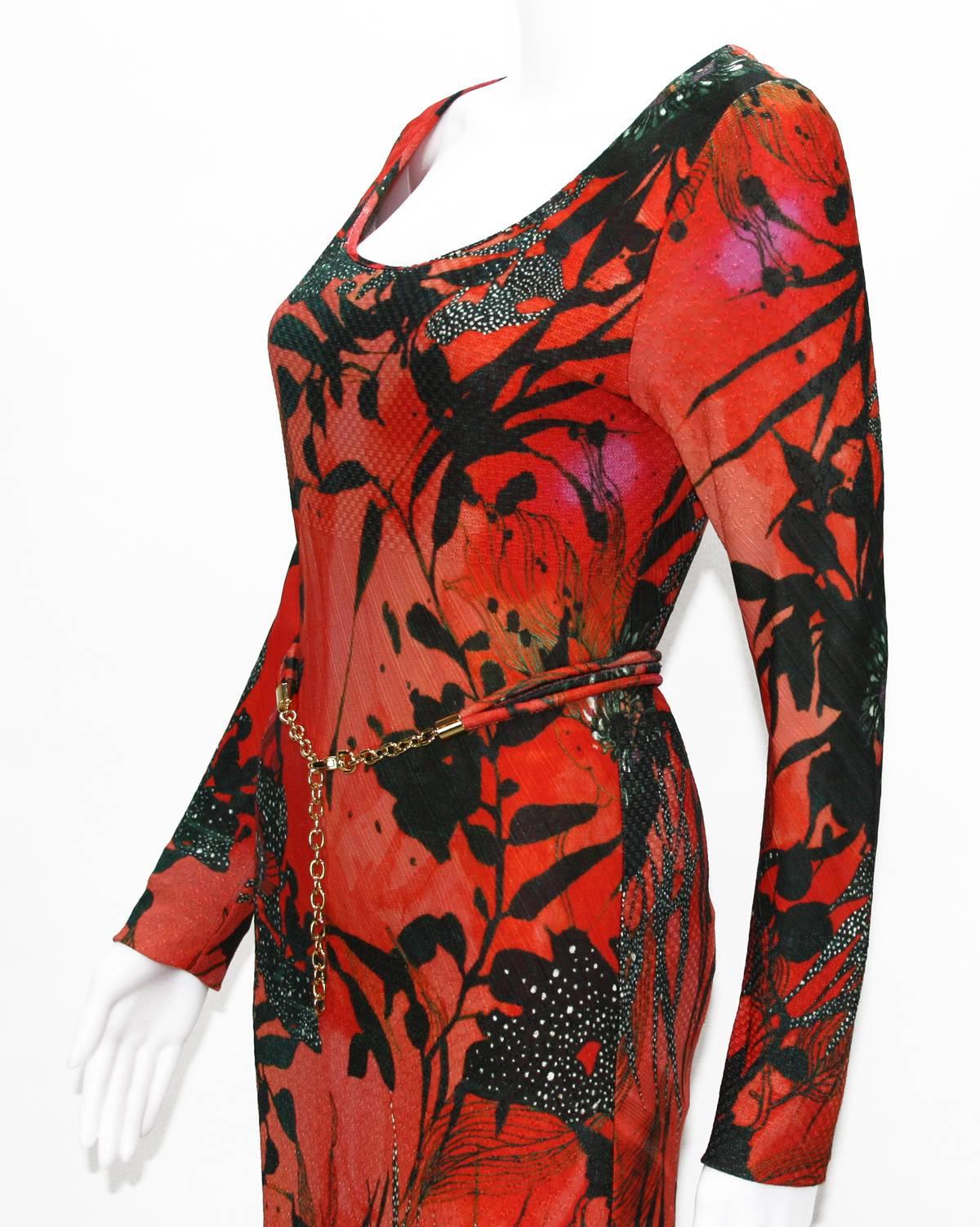 New ETRO Jersey Red Black Floral Print Long Dress with Belt IT.42 - US 6 2