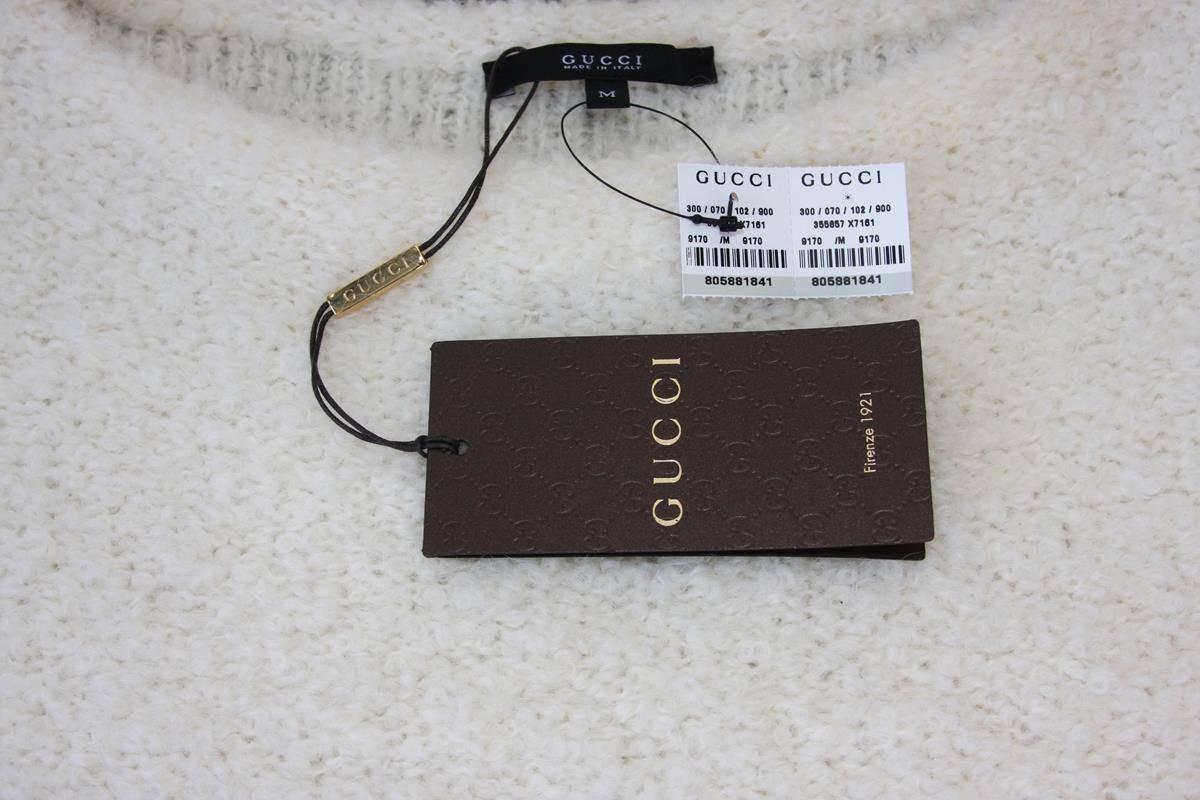Gray New $1630 GUCCI Boucle Wool Alpaca Cream Knitted Sweater w / Leather Cuffs M (L)