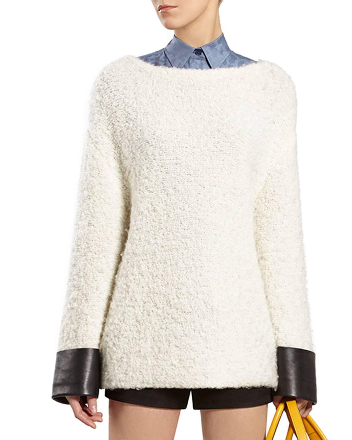 Women's New $1630 GUCCI Boucle Wool Alpaca Cream Knitted Sweater w / Leather Cuffs M (L)