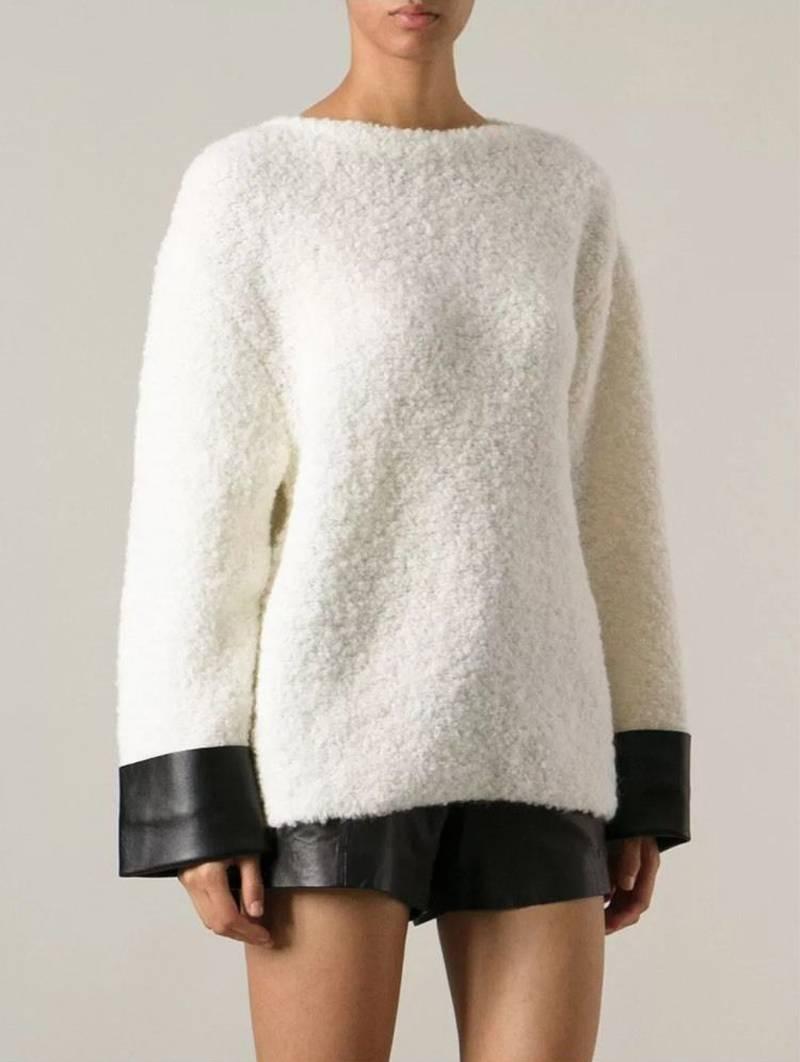 New $1630 GUCCI Boucle Wool Alpaca Cream Knitted Sweater w / Leather Cuffs M (L) 2