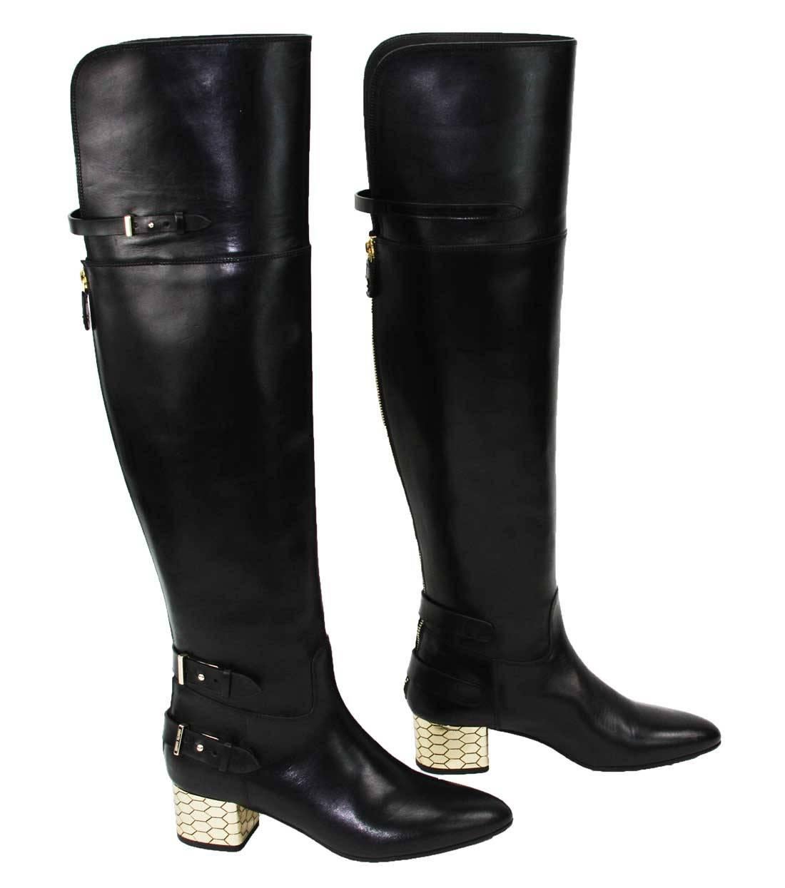 New Roberto Cavalli Over-the-knee Leather Boots
Italian size 36.5  - US 6.5 
Color - Black
100% Leather, Gold-tone Hardware, buckle accents at sides.
Gold-tone Honeycomb pattern Heel - 2.25 inches, Back side zip closure, Shaft - 21 inches.
Made in