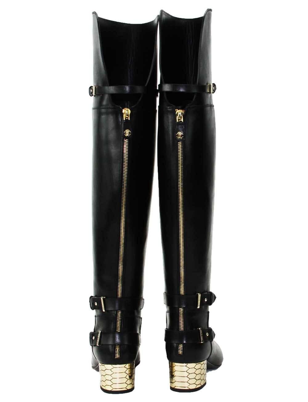 Noir Roberto Cavalli Bottes en cuir à talons sur le genou à motif nid d'abeille 36,5, Neuf  6.5 en vente