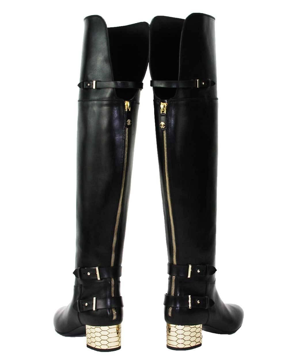 Black New Roberto Cavalli Over-the-knee Leather Boots Honeycomb Pattern Heel 36.5  6.5 For Sale
