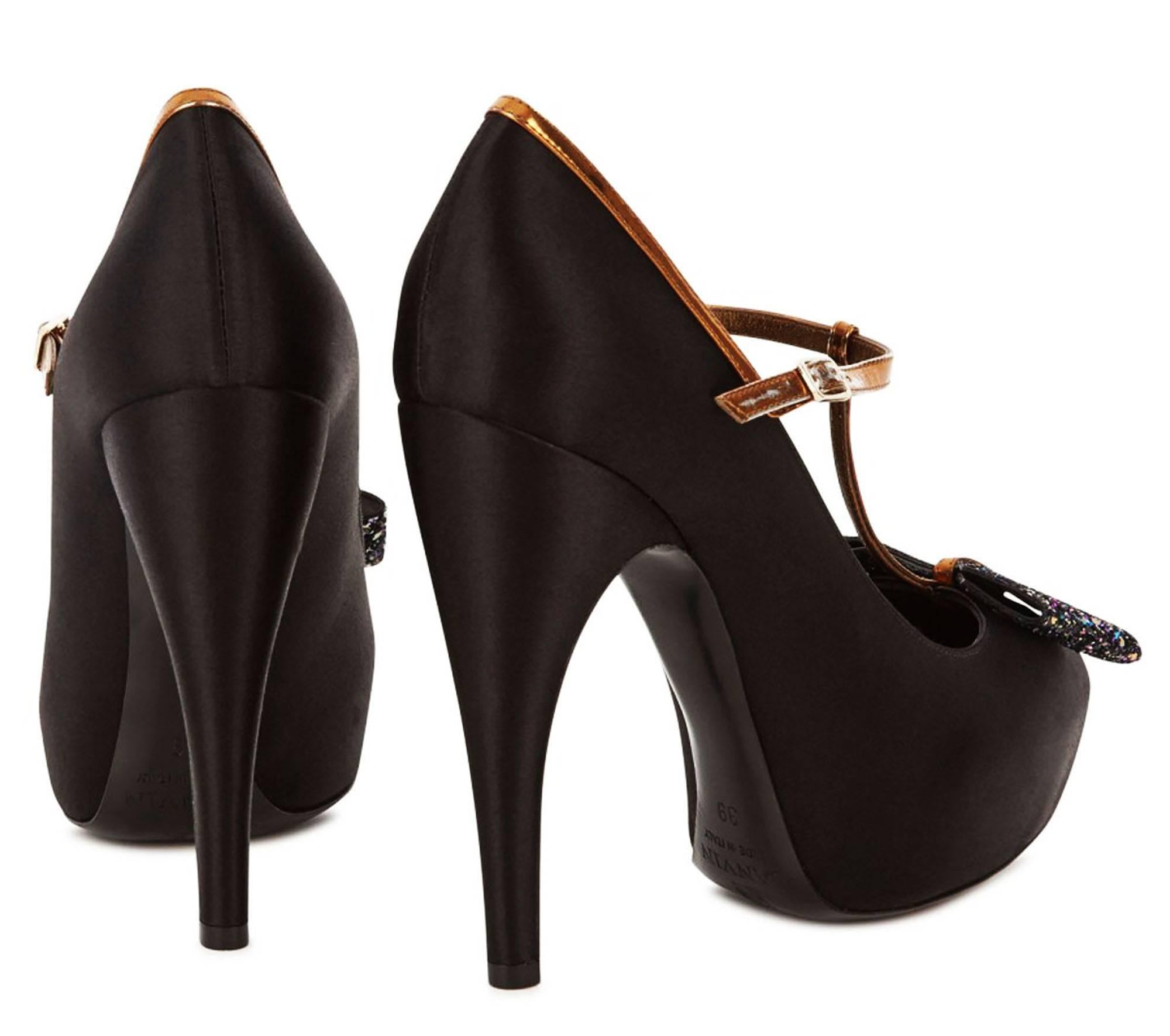Women's New $1215 LANVIN Runway Silk Platform Glitter Bow Black Shoes Pump It. 38 - US 8