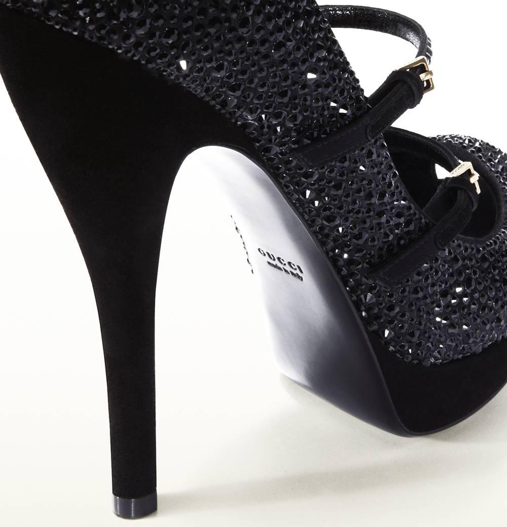 Women's New GUCCI Lisbeth Platform Black Crystal Mary Jane Straps Pump Shoes 39.5 - 9.5