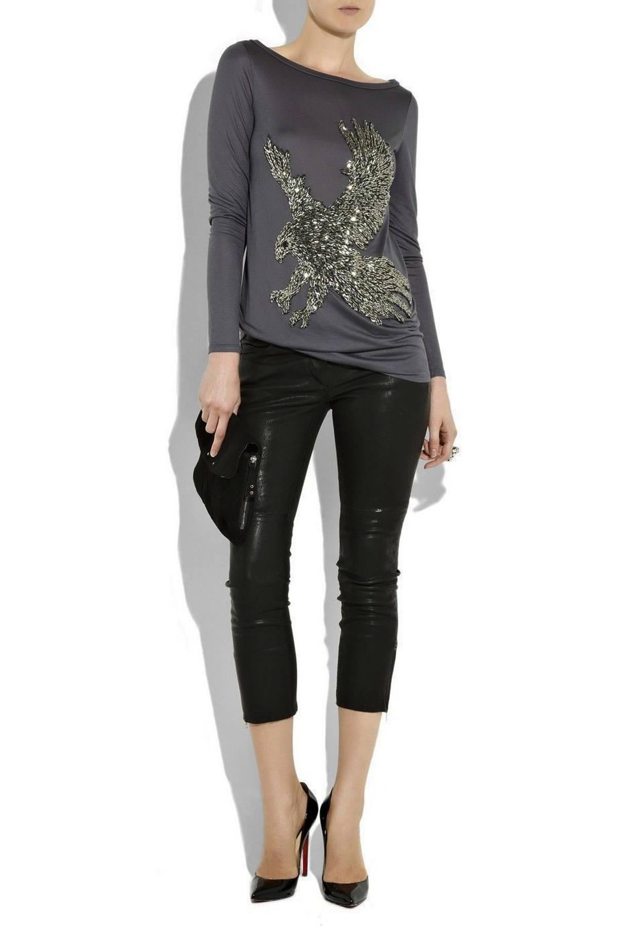Women's New EMILIO PUCCI Eagle Hand Embellished Beaded Gray Jersey Long Sleeve Top 38  4
