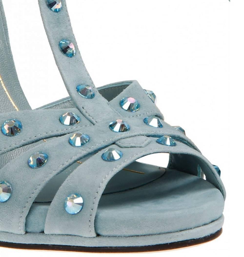 Gray New GUCCI Light Blue Crystal Embellished Suede High Heel Shoes Sandals It 39 - 9