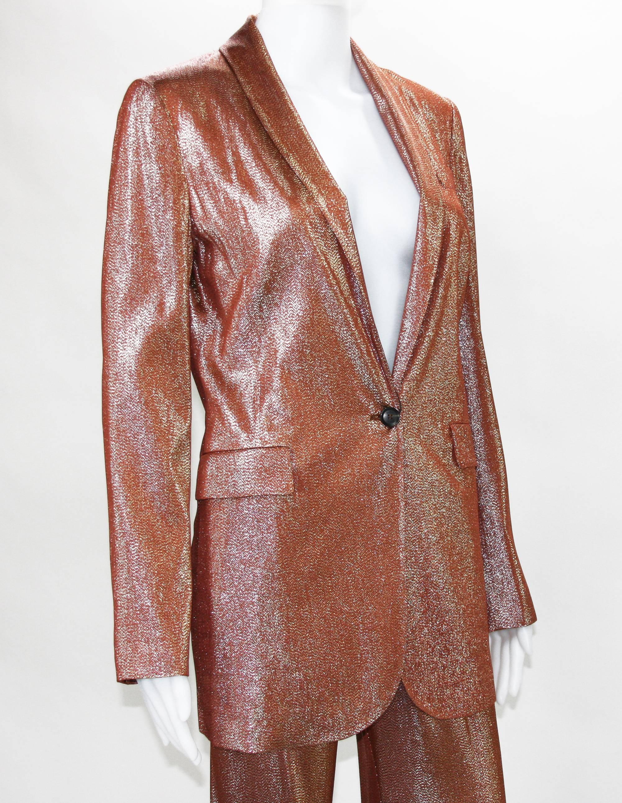 New $3950 Runway GUCCI Suit Iridescent Rust Liquid Lame Jacket & Pants size 38 In New Condition In Montgomery, TX