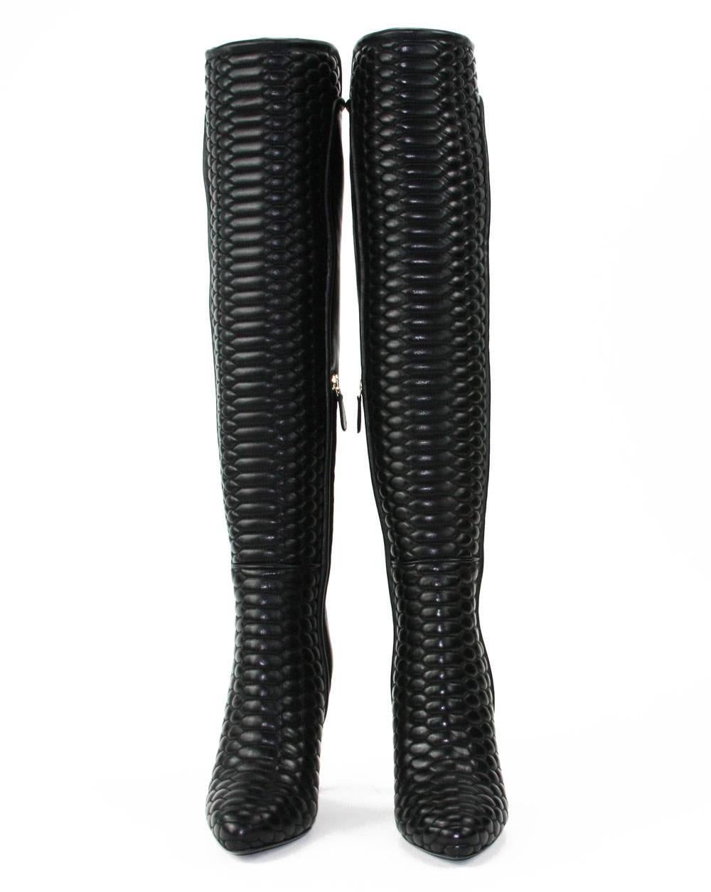 New Roberto Cavalli Textured Black Leather Over the Knee Boots It. 37 ...
