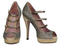 New GUCCI Lisbeth Silver Beige Crystal Mary Jane Straps Pump Shoes 38.5 and 39.5