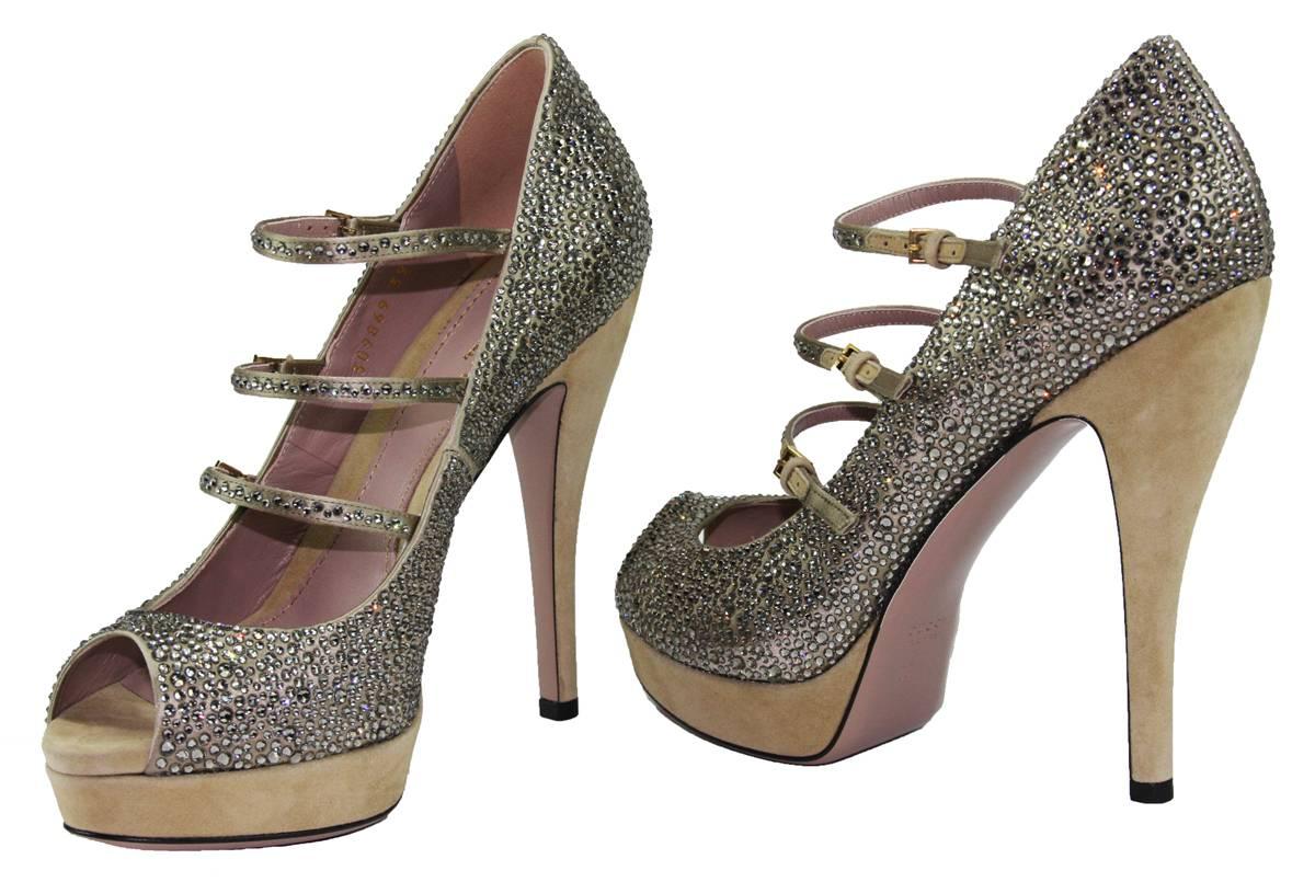 Brown New GUCCI Lisbeth Silver Beige Crystal Mary Jane Straps Pump Shoes 38.5 and 39.5 For Sale